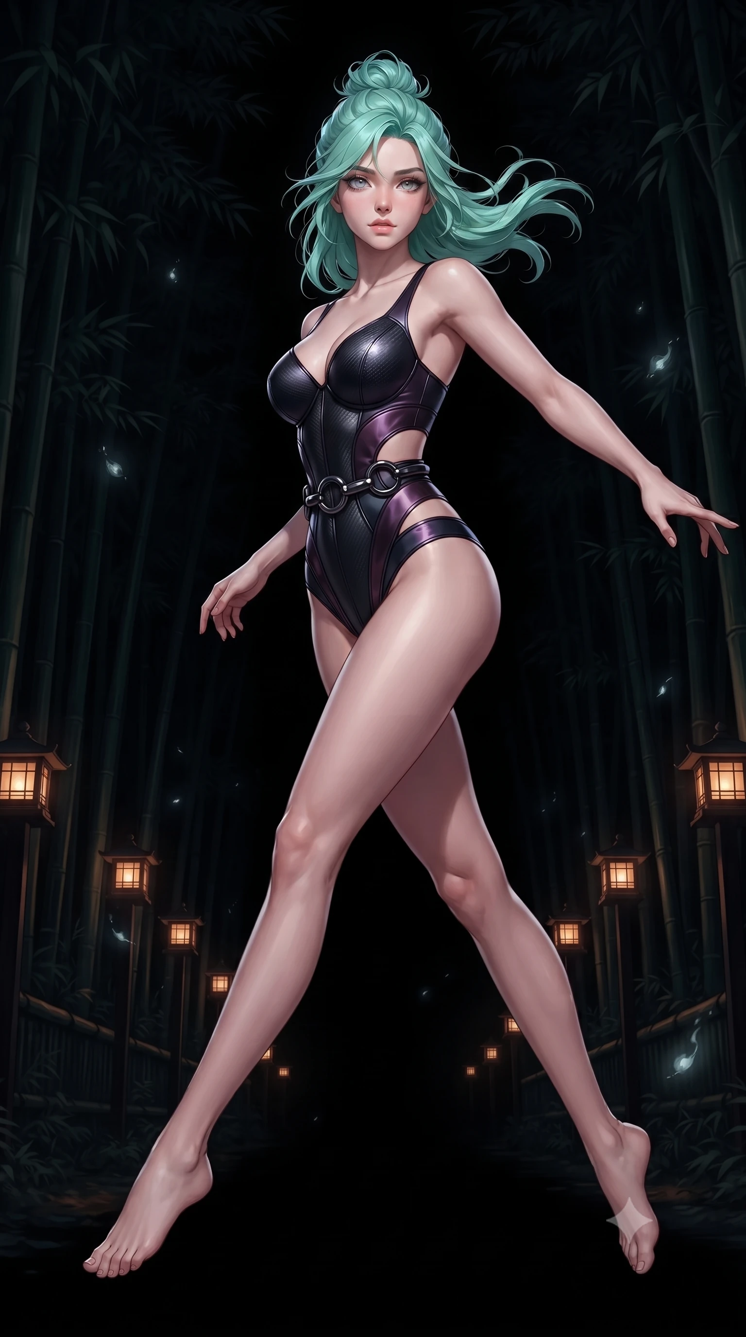 score_9, masterpiece, best quality, ultra-detailed, high-budget anime keyframe, editorial fashion photography, tasteful artistic composition, Japanese woman. low angle full-body shot from head to toe showing her feet, filling the entire 9:16 vertical frame with her statuesque presence, stretching her vertical silhouette. leaping dynamically through the pitch-black void, her posture full of power and elegance, navigating a shadowy dark bamboo forest path lined with dim amber lanterns, ghostly spirit fire embers drifting silently through the cool night air. She has an absolutely perfect, statuesque 8.5-heads proportion, an exceptionally tall and slender model-like female figure with impossibly long slender legs and an ultra-slim waist. sharp v-shaped jawline, high-bridge nose, intricate jewel-like eyes with depth, thick eyelashes, glossy lips with a natural sheen. wearing sculpted structured cup bodysuit in matte black carbon-fiber with hip cutouts in dark plum violet, made of iridescent dark violet taffeta, accented with sculpted obsidian chrome rings at the waist, sculpting her athletic slender build with refined precision. illuminated by warm amber lantern light contrasting with pitch-black nocturnal shadows. ultra-reflective glossy finish, specular highlights, metallic sheen, high-contrast stereoscopic depth, volumetric dynamic lighting, 2k, ultra detail, master piece, 9:16 ratio