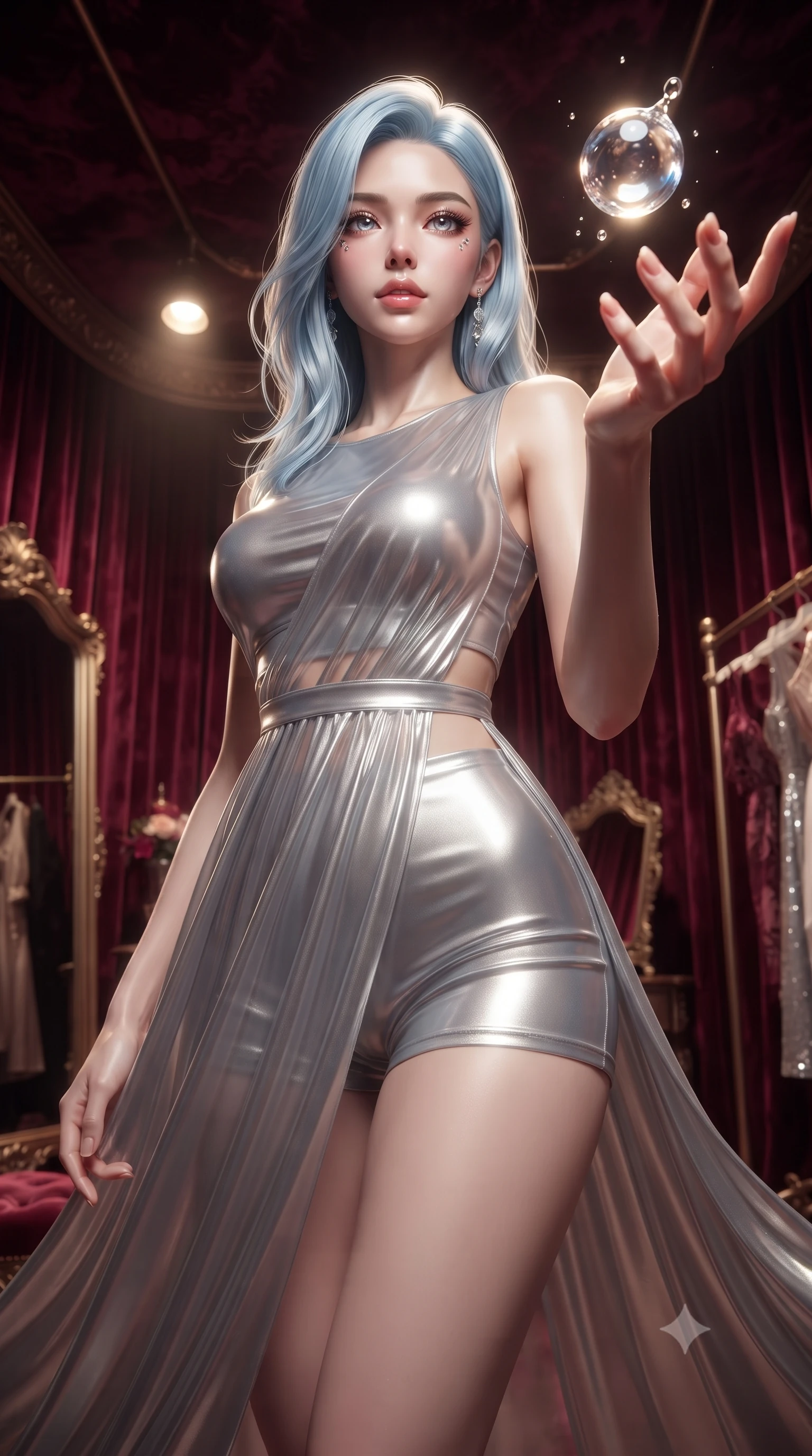 score_9, masterpiece, best quality, ultra-detailed, High-budget Anime Keyframe, editorial fashion photography, tasteful artistic composition, realistic cosplay photography, East Asian woman. Low angle cowboy shot filling the entire 9:16 frame with her statuesque presence. Scenario 474: reaching out to catch a floating sphere of liquid light in a velvet-lined dressing room illuminated by soft golden spotlights. Her presence is magnetic and overpowering in this high-budget cinematic scene. Outfit 474: a body-hugging liquid silver shimmering chiffon gown worn over an opaque crop top and high-waisted shorts. The clothing is designed to emphasize her exceptionally tall and slender 8-heads proportion. 8-heads proportion, towering silhouette, ultra-slim waist. sharp v-shaped jawline, intricate jewel-like eyes with depth, thick eyelashes, glossy lips. ultra-reflective glossy finish, specular highlights, metallic sheen, high-contrast stereoscopic depth, volumetric dynamic lighting, 2k, ultra detail, master piece, 9:16 ratio