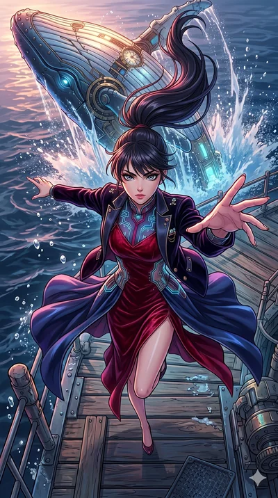 score_9, masterpiece, best quality, ultra-detailed, high-budget anime movie keyframe, cinematic anime lighting, intricate line art, Caucasian (strictly human ears) woman. Extreme high angle shot as she leaps towards the camera, filling the frame. gli