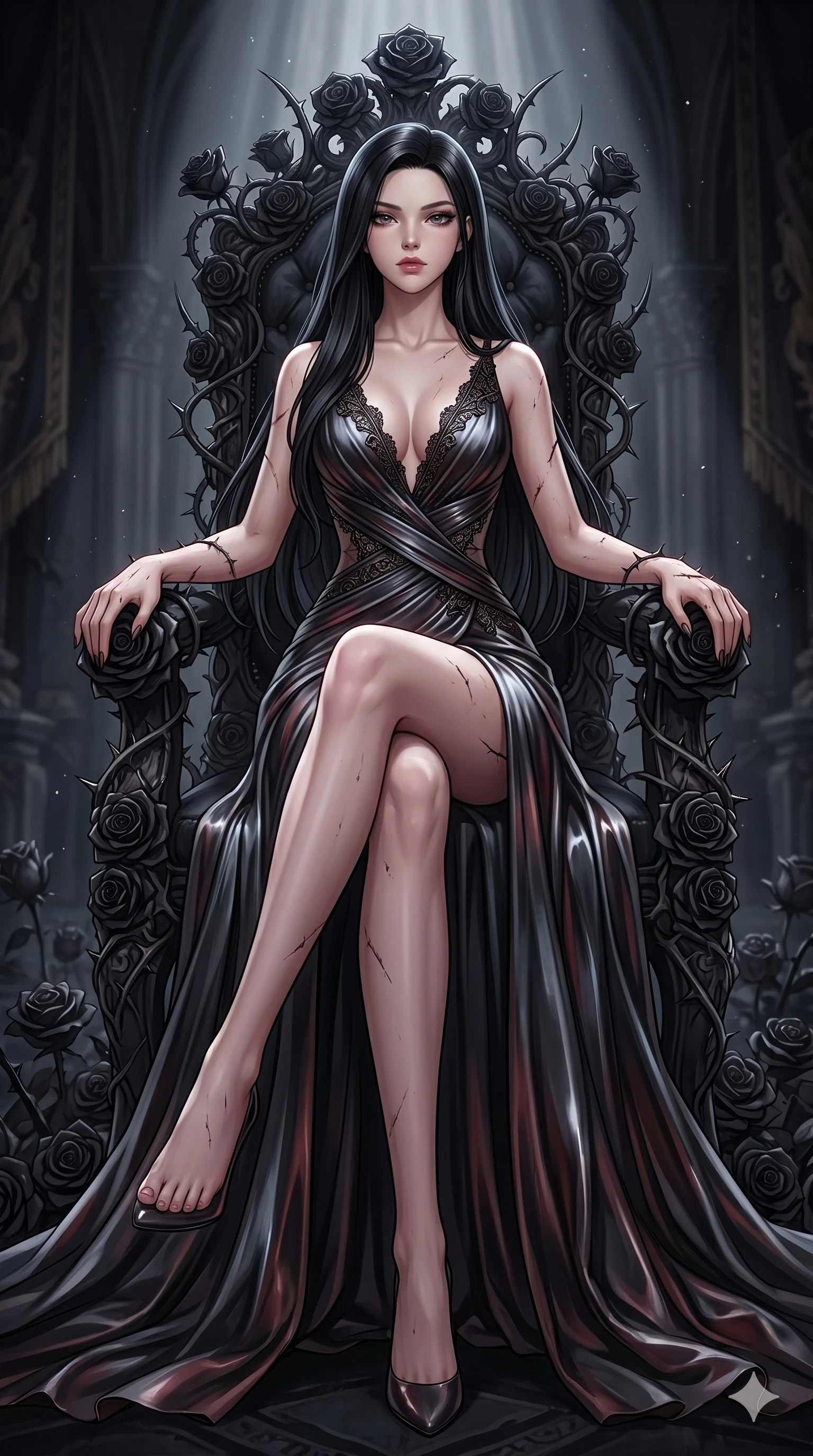 score_9, masterpiece, best quality, ultra-detailed, High-budget Anime Keyframe, East Asian woman. Dynamic full-body shot stretching the vertical silhouette to the limit. Scenario 280: Resting on a throne of black roses, thorns grazing her skin. Her presence is magnetic and overpowering in this high-budget anime scene. Outfit 280: A molten liquid silk decorative silk bands with a sculpted V-neckline and delicate lace embroidery. The clothing is designed to emphasize her exceptionally tall and slender 8-heads proportion. 8-heads proportion, towering silhouette, ultra-slim waist. sharp v-shaped jawline, intricate jewel-like eyes with depth, thick eyelashes, glossy lips. 2k, ultra detail, master piece, 9:16 ratio