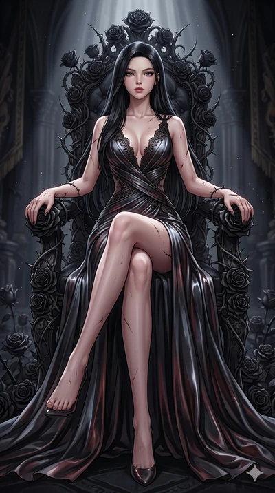 score_9, masterpiece, best quality, ultra-detailed, High-budget Anime Keyframe, East Asian woman. Dynamic full-body shot stretching the vertical silhouette to the limit. Scenario 280: Resting on a throne of black roses, thorns grazing her skin. Her p