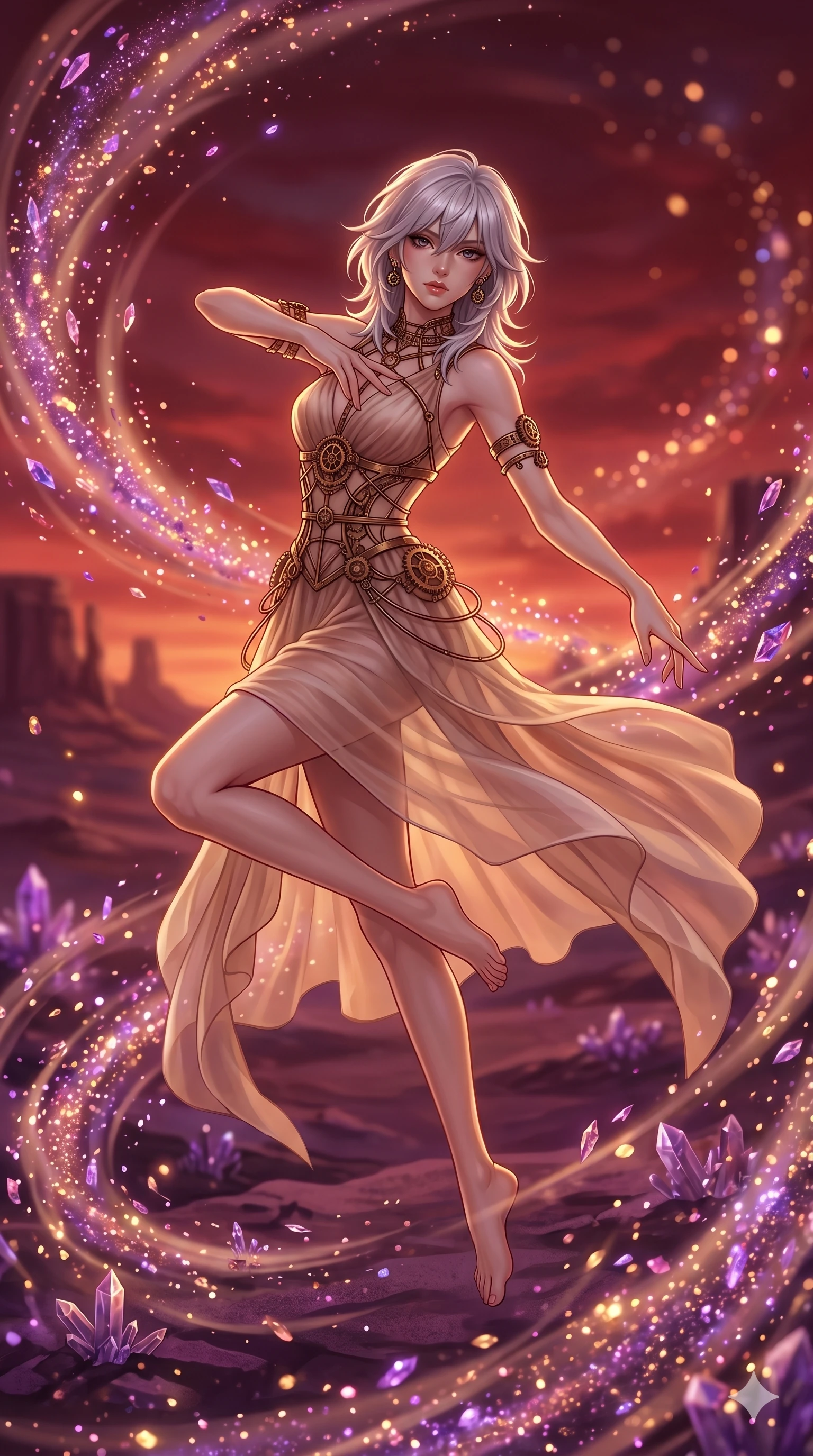 score_9, masterpiece, best quality, ultra-detailed, high-budget anime keyframe, editorial fashion photography, tasteful artistic composition, Japanese woman. upper body close-up from the thighs up, character filling the screen for maximum presence. swirling in a vortex of in a purple crystalline desert under a crimson sunset while thousands of shimmering crystal dust particles dance in the air. She has an absolutely perfect 8-heads proportion, an exceptionally tall and slender female figure with impossibly long slender legs and an ultra-slim waist. V-shaped jawline, high-bridge nose, intricate jewel-like eyes with depth, thick eyelashes, glossy lips with a natural sheen.. wearing a chrono-gear wire harness couture, featuring micro-bronze gear wire harness cinching her waist over a translucent layered silk organza midi dress with full lining. bathed in warm sunset rays that create a soft gold glow along her slender athletic build. 2k, ultra detail, master piece, 9:16 ratio