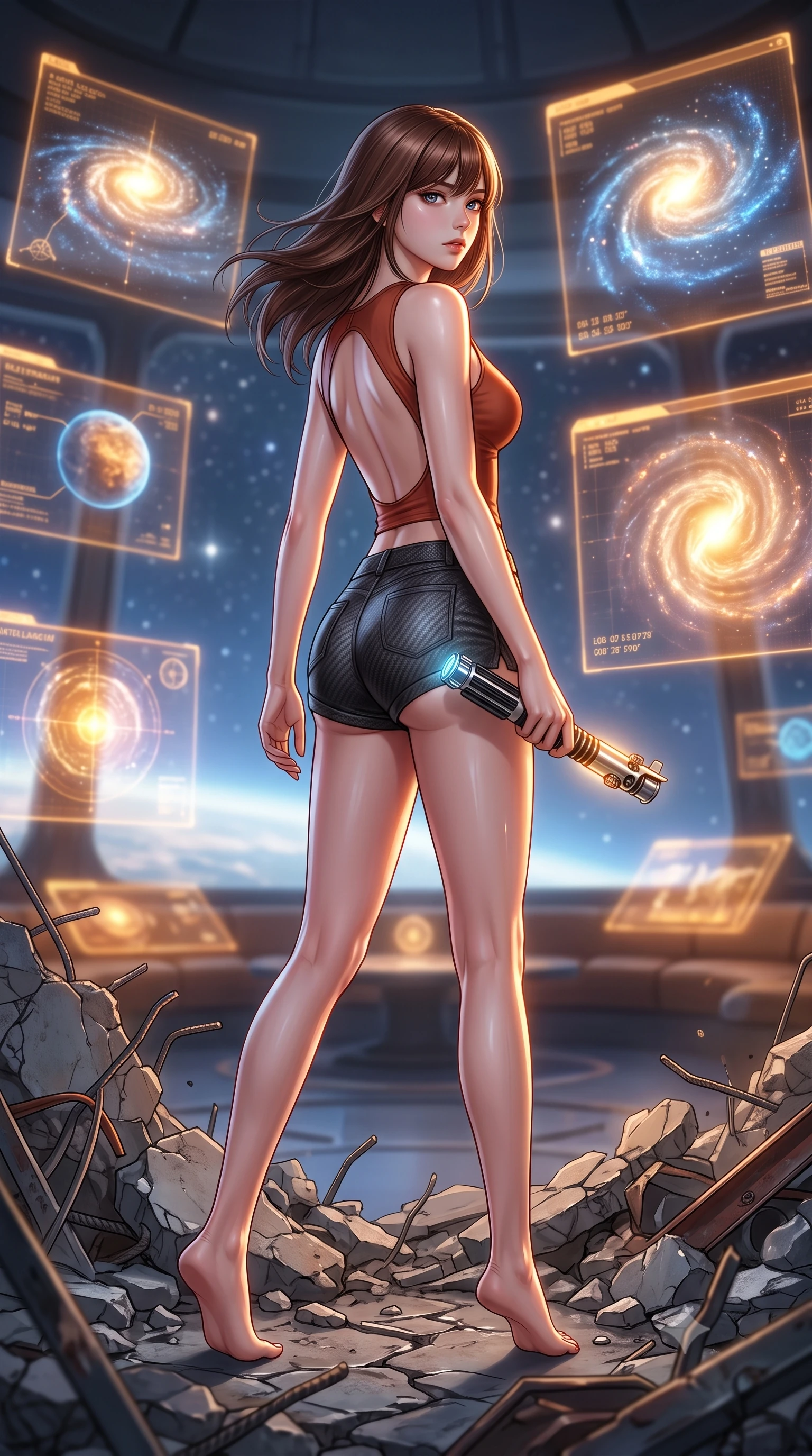 score_9, masterpiece, best quality, ultra-detailed, high-budget anime keyframe, editorial fashion photography, tasteful artistic composition, Korean woman. low angle full-body shot from head to toe showing her feet, filling the entire 9:16 vertical frame with her statuesque presence, stretching her vertical silhouette. stepping gracefully through battlefield debris with a glowing saber hilt in hand, looking back over her shoulder, the background shows a soft-focus a planetarium lounge with floating holograms showing glowing galaxy maps. She has an absolutely perfect, statuesque 8.5-heads proportion, an exceptionally tall and slender model-like female figure with impossibly long slender legs and an ultra-slim waist. sharp v-shaped jawline, high-bridge nose, intricate jewel-like eyes with depth, thick eyelashes, glossy lips with a natural sheen. wearing a slim-fit backless combat top in terracotta red, paired with carbon-fiber micro-shorts. soft starlight and the warm amber glow of planetary coordinate holograms. highly saturated vibrant anime colors, detailed shading with soft gradients, rich glossy textures, high-contrast stereoscopic depth, volumetric dynamic lighting, master piece, 9:16 ratio
