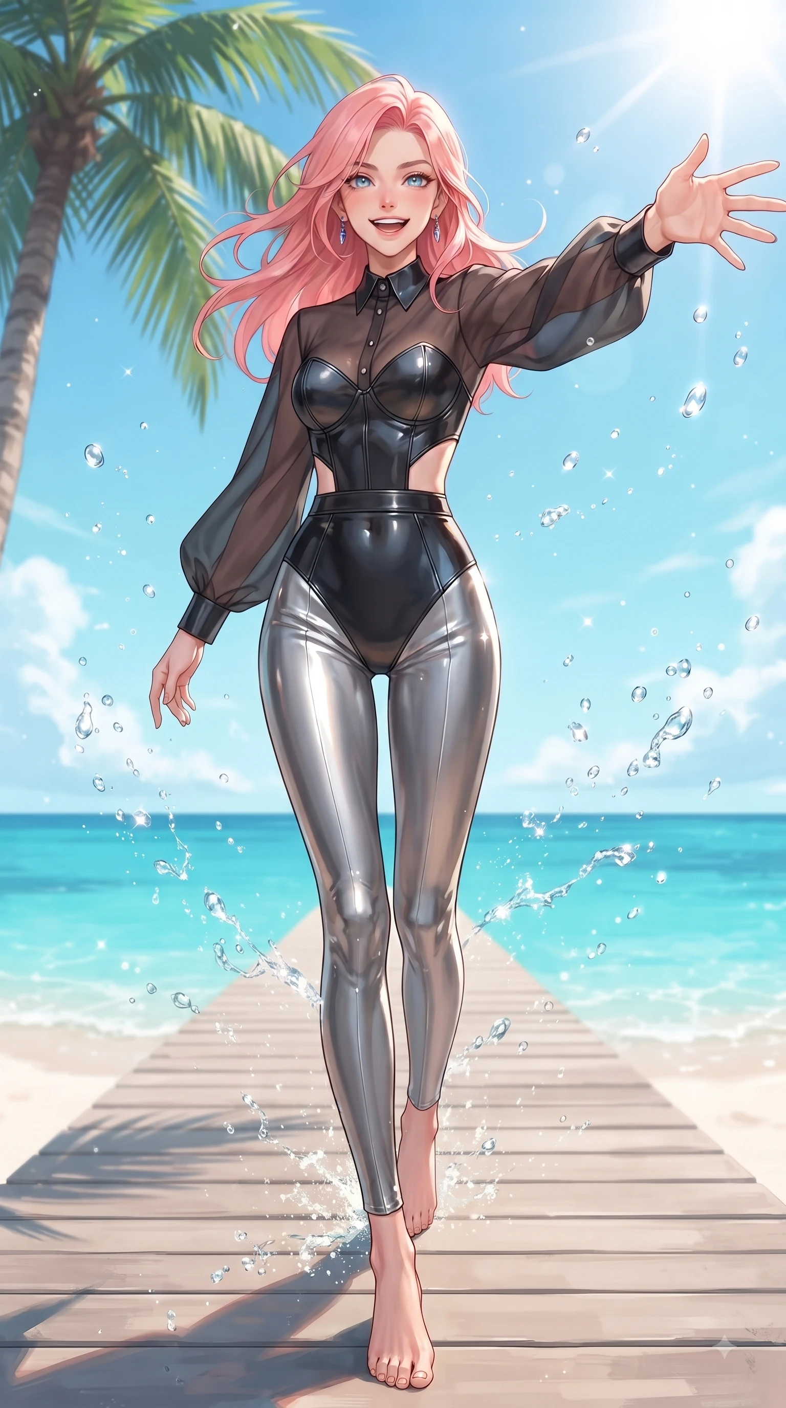 score_9, masterpiece, best quality, ultra-detailed, high-budget anime keyframe, editorial fashion photography, tasteful artistic composition, Japanese woman. low angle full-body shot from head to toe showing her feet, filling the entire 9:16 vertical frame with her statuesque presence, stretching her vertical silhouette. forging dynamically through the scene with a happy infectious smile, her ultra-slim waist creating a sweeping curve while reaching one arm out cheerfully toward the camera while walking along a palm-shaded pier, dazzling tropical sunlight scattering sparkling water droplets around her laughing silhouette. She has an absolutely perfect, statuesque 8.5-heads proportion, an exceptionally tall and slender model-like female figure with impossibly long slender legs and an ultra-slim waist. sharp v-shaped jawline, high-bridge nose, intricate jewel-like eyes with depth, thick eyelashes, glossy lips with a natural sheen, flawlessly proportioned anatomical accuracy, natural body alignment, perfectly sculpted elegant limbs, clean dynamic posture without body distortion. wearing a tailored leather bustier over a sheer silk chiffon blouse in matte black and polished silver, formed from sleek second-skin neoprene, featuring clean architectural cutouts along her slender torso, the sleek second-skin texture accentuating her magnetic presence. surrounded by a bright, pristine beach ambiance with cheerful specular highlights. ultra-reflective glossy finish, specular highlights, metallic sheen, high-contrast stereoscopic depth, volumetric dynamic lighting, 2k, ultra detail, master piece, 9:16 ratio