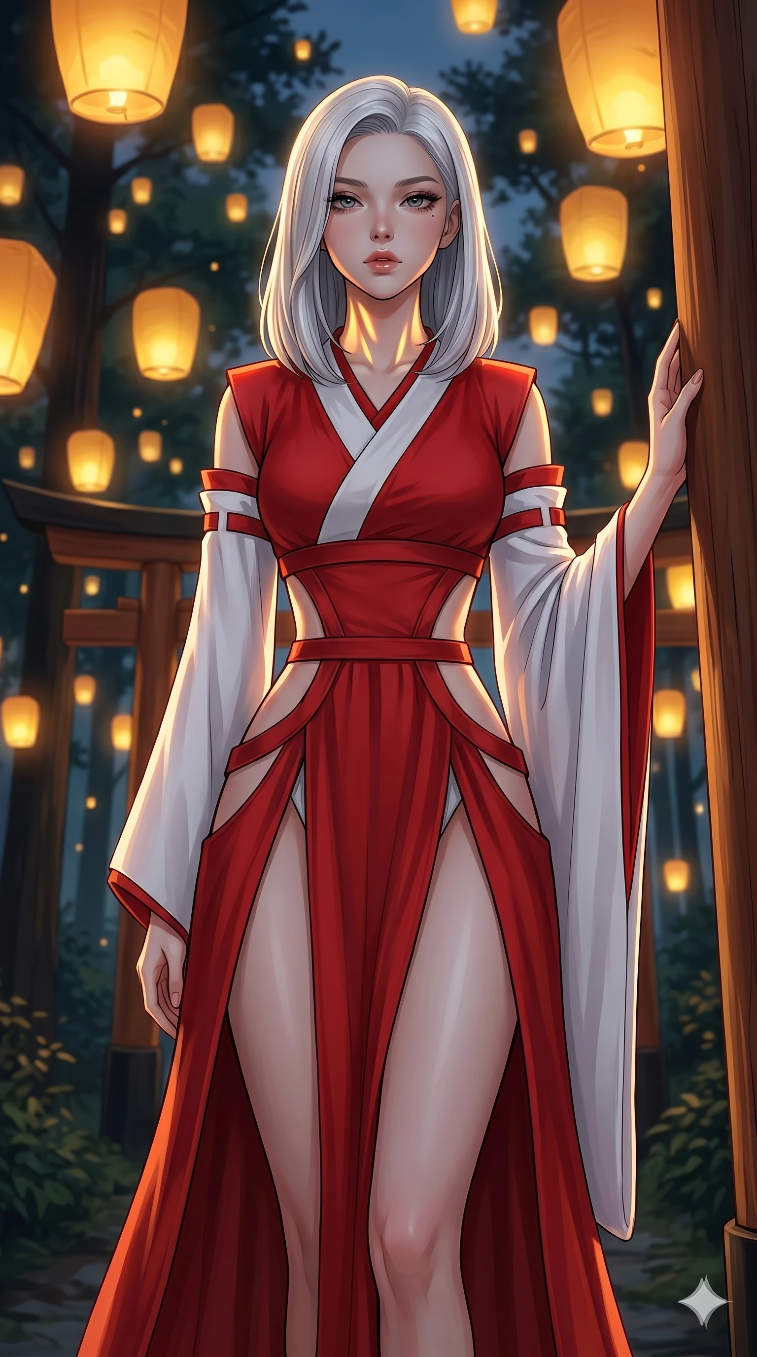 score_9, masterpiece, best quality, ultra-detailed, high-budget anime keyframe, editorial fashion photography, tasteful artistic composition, Korean woman. cowboy shot from the thighs up, character and outfit filling the frame for maximum editorial presence. resting one hand on a wooden torii gate, casting a bedroom-eyes gaze directly at the lens in a sacred shinto forest with golden floating lanterns at dusk (Code-P16-081). She has an absolutely perfect 8-heads proportion, an exceptionally tall and slender female figure with impossibly long slender legs and an ultra-slim waist. V-shaped jawline, high-bridge nose, intricate jewel-like eyes with depth, thick eyelashes, glossy lips with a natural sheen. wearing a modern red and white fusion shrine maiden dress with dramatic waist cutouts and straps. warm golden light from the floating lanterns, tracing the elegant curves of her neck. 2k, ultra detail, master piece, 9:16 ratio