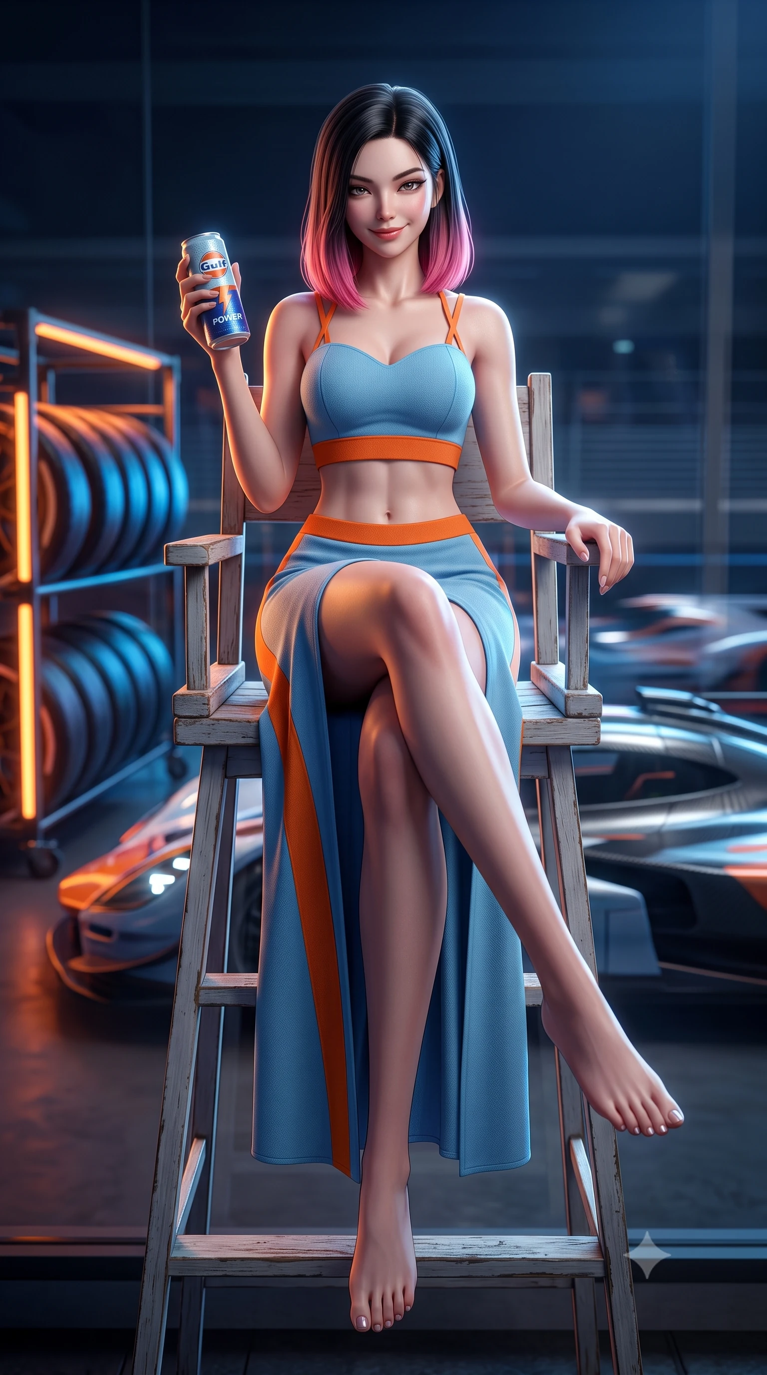 score_9, masterpiece, best quality, ultra-detailed, high-budget anime keyframe, semi-realistic 3D game render, editorial fashion photography, tasteful artistic composition, Korean woman. low angle full-body shot from head to toe showing her feet, filling the entire 9:16 vertical frame with her statuesque presence, stretching her vertical silhouette. sitting perched on the elevated umpire chair with legs crossed and hips angled toward the camera, displaying her toned midriff and long slender limbs with joyful, coquettish charm while lounging in the private air-conditioned paddock suite with legs crossed, holding a chilled energy drink while flashing a dangerous, playful half-smile. The background shows a soft-focus glowing tire warming racks and high-speed carbon fiber cars softened in thrilling night-race shallow focus. She has an absolutely perfect, statuesque 8.5-heads proportion, an exceptionally tall and slender model-like female figure with impossibly long slender legs, an ultra-slim waist, a flat toned midriff, narrow delicate ribcage, and beautifully sculpted feminine hips creating a graceful, slim hourglass silhouette without any bulky heaviness. sharp v-shaped jawline, high-bridge nose, sparkling eyes with athletic focus and depth, thick curled eyelashes, glossy parted lips with a natural coral-peach sheen, bright confident and coquettish smile with alluring bedroom-eyes, exuding both youthful sporty vigor and sovereign high-society glamour, flawlessly proportioned anatomical accuracy, strict slender model proportions, natural body alignment, perfectly sculpted long slender limbs, ultra-slim waistline, clean dynamic posture without body distortion. wearing a sweetheart-neckline athletic tennis bustier top paired with a curve-hugging high-slit track maxi skirt in vintage Porsche Gulf blue and vibrant race orange, tailored from ultra-soft fine cashmere yarn with an airy athletic drape, finished with criss-cross back athletic straps highlighting her graceful shoulder blades, the high-waisted wrap tailoring accentuating her ultra-slim waistline and the enchanting curve of her feminine hips with alluring sporty charm. illuminated by telemetry screen bounce and sharp platinum rim lights carving her razor-sharp jawline, narrow waist, and curvy hips. highly saturated vibrant anime colors, detailed shading with soft gradients, rich glossy textures, high-contrast stereoscopic depth, volumetric dynamic lighting, master piece, 9:16 ratio
