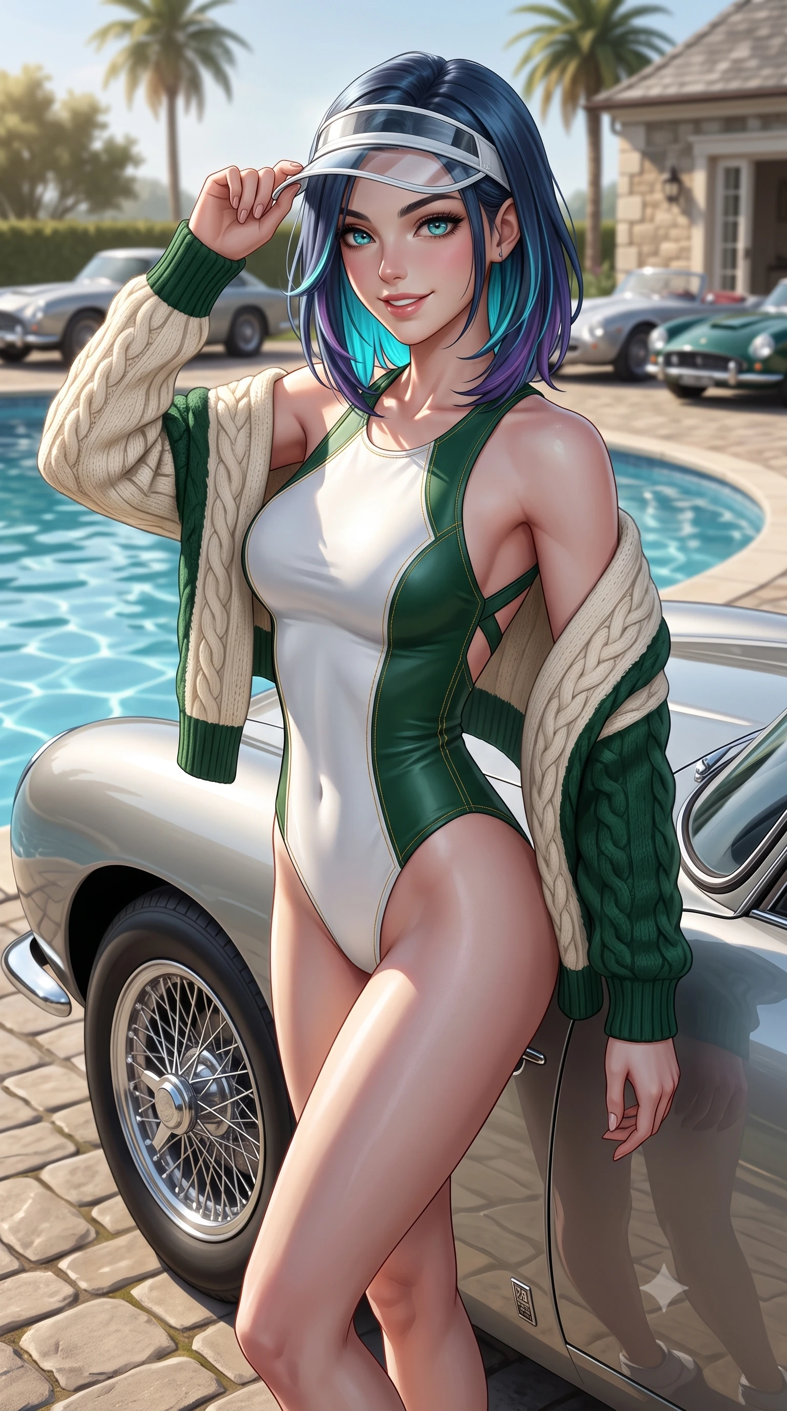 score_9, masterpiece, best quality, ultra-detailed, high-budget anime keyframe, semi-realistic 3D game render, editorial fashion photography, tasteful artistic composition, Caucasian woman. close-up cowboy shot from the waist and thighs up, the character dominates the composition, filling the frame with her large presence. tilting her head with a cute beaming smile while arching her spine with athletic poise, one hand adjusting her racing visor in a flirtatious S-curve while standing beside the iconic silver fender of a vintage Aston Martin DB5 parked by the pool, arching her back with classic Hollywood glamour. The background shows a soft-focus vintage sports cars parked along the circular driveway softened in golden age Hollywood shallow focus. She has an exceptionally elegant, slender, and willowy female figure with an ultra-slim waist, flat toned midriff, narrow ribcage, and sculpted feminine hips creating an alluring, slim hourglass silhouette without bulk. sharp v-shaped jawline, high-bridge nose, sparkling eyes with athletic focus and depth, thick curled eyelashes, glossy parted lips with a natural coral-peach sheen, bright confident and coquettish smile with alluring bedroom-eyes, exuding both youthful sporty vigor and sovereign high-society glamour, flawlessly proportioned anatomical accuracy, strict slender model proportions, natural body alignment, perfectly sculpted long slender limbs, ultra-slim waistline, clean dynamic posture without body distortion. wearing a luxurious cashmere cable-knit tennis sweater draped over a liquid-tight white leather racerback bodysuit in crisp Wimbledon white and British racing green with gold accents, made of smooth liquid-tight stretch jersey emphasizing every curve of her body, finished with criss-cross back athletic straps highlighting her graceful shoulder blades, the form-contouring athletic cut accentuating her sculpted flat midriff, narrow delicate ribcage, and gracefully curvy hips with supermodel precision. illuminated by water caustic bounce and sharp platinum rim lights defining her sculpted collarbones, ultra-slim waist, and curvy hips. highly saturated vibrant anime colors, detailed shading with soft gradients, rich glossy textures, high-contrast stereoscopic depth, volumetric dynamic lighting, master piece, 9:16 ratio