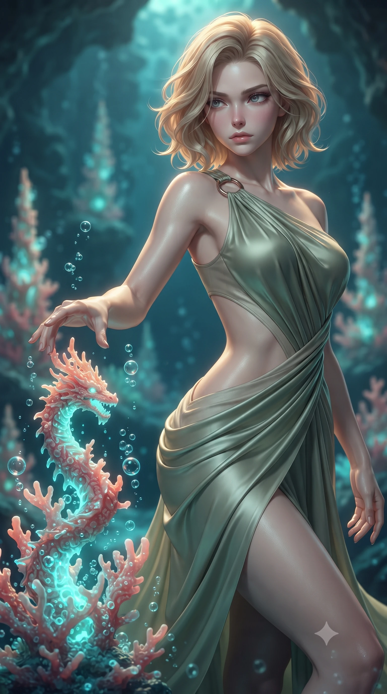 score_9, masterpiece, best quality, ultra-detailed, high-budget anime keyframe, editorial fashion photography, tasteful artistic composition, Caucasian woman. close-up cowboy shot from the waist and thighs up, the character dominates the composition, filling the frame with her large presence, background elements kept in soft focus. Gazing past the lens with composed intensity as her torso curves dynamically in mid-motion while reaching her hand out to touch a glowing coral dragon spire surrounded by rising bubbles, glowing aqua coral spires emitting pulsing luminescence in the background. She has an exceptionally elegant, slender, and willowy female figure with an ultra-slim waist, a gracefully sculpted slender torso, and a refined silhouette. sharp v-shaped jawline, high-bridge nose, intricate jewel-like eyes with depth, thick eyelashes, glossy lips with a natural sheen, flawlessly proportioned anatomical accuracy, natural body alignment, perfectly sculpted elegant limbs, clean dynamic posture without body distortion. wearing an asymmetrical Grecian draped chiffon gown with a metallic shoulder ring in sage green and oatmeal, crafted from lustrous satin jersey with fluid draping, featuring clean architectural cutouts along her slender torso, the tailored fabric tightly following every curve of her athletic build. illuminated by deep sea bioluminescence and warm golden top lighting. ultra-reflective glossy finish, specular highlights, metallic sheen, high-contrast stereoscopic depth, volumetric dynamic lighting, 2k, ultra detail, master piece, 9:16 ratio