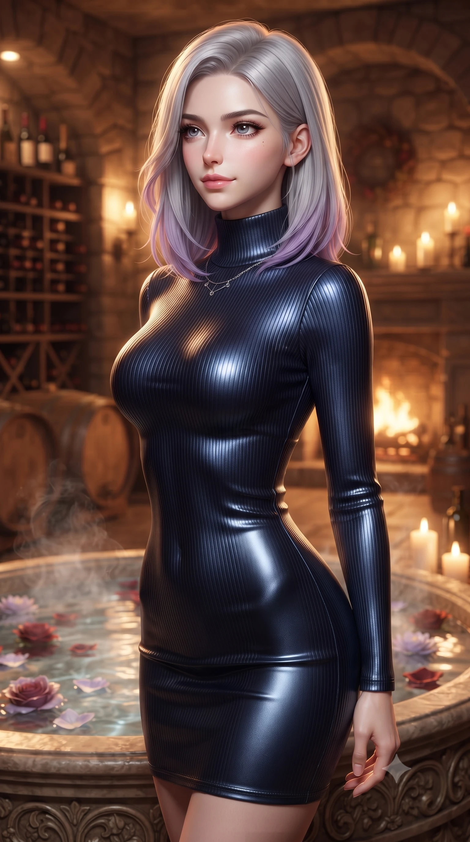 score_9, masterpiece, best quality, ultra-detailed, high-budget anime keyframe, editorial fashion photography, tasteful artistic composition, Caucasian woman. close-up cowboy shot from the waist and thighs up, the character dominates the composition, filling the frame with her large presence, background elements kept in soft focus. gazing past the camera with a dreamy, sensual smile, her face illuminated by warm candlelight set against a soft-focus background of inside an exclusive wine cellar alcove with rising mineral steam and floating flower petals on the clear water surface. She has an exceptionally elegant, slender, and willowy female figure with an ultra-slim waist, a gracefully sculpted slender torso, and a refined silhouette. sharp v-shaped jawline, high-bridge nose, intricate jewel-like eyes with depth, thick eyelashes, glossy lips with a natural sheen. wearing body-hugging midnight navy liquid satin form-fitting ribbed knit turtleneck dress outlining her slender silhouette accented with delicate silver hardware. bathed in cozy, flickering fireplace light that paints the room in a warm orange wash. ultra-reflective glossy finish, specular highlights, metallic sheen, high-contrast stereoscopic depth, volumetric dynamic lighting, 2k, ultra detail, master piece, 9:16 ratio