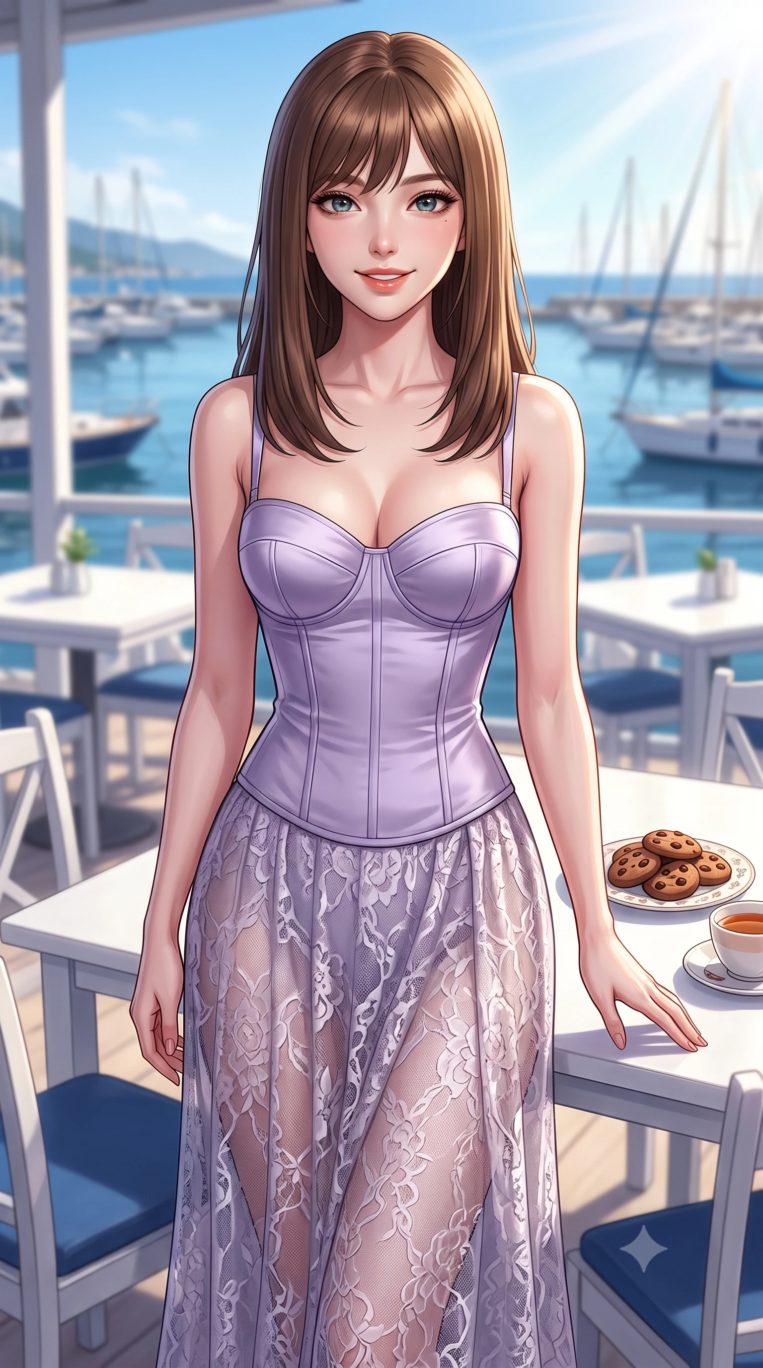 score_9, masterpiece, best quality, ultra-detailed, high-budget anime keyframe, editorial fashion photography, tasteful artistic composition, Korean woman. close-up cowboy shot from the waist and thighs up, the character dominates the composition, filling the frame with her large presence, background elements kept in soft focus. gazing at the camera with a warm, lovely smile and cute, friendly eye contact set against a soft-focus background of at a seaside restaurant veranda with white tables and views of the harbor with a cute ceramic plate of chocolate cookies and a cup of tea on the table. She has an exceptionally elegant, slender, and willowy female figure with an ultra-slim waist, a gracefully sculpted slender torso, and a refined silhouette. sharp v-shaped jawline, high-bridge nose, intricate jewel-like eyes with depth, thick eyelashes, glossy lips with a natural sheen. wearing slim-fit tailored bustier corset in soft lavender silk with a semi-opaque lace long skirt. crisp morning sun rays creating a fresh and energetic breakfast atmosphere. highly saturated vibrant anime colors, detailed shading with soft gradients, rich glossy textures, high-contrast stereoscopic depth, volumetric dynamic lighting, master piece, 9:16 ratio