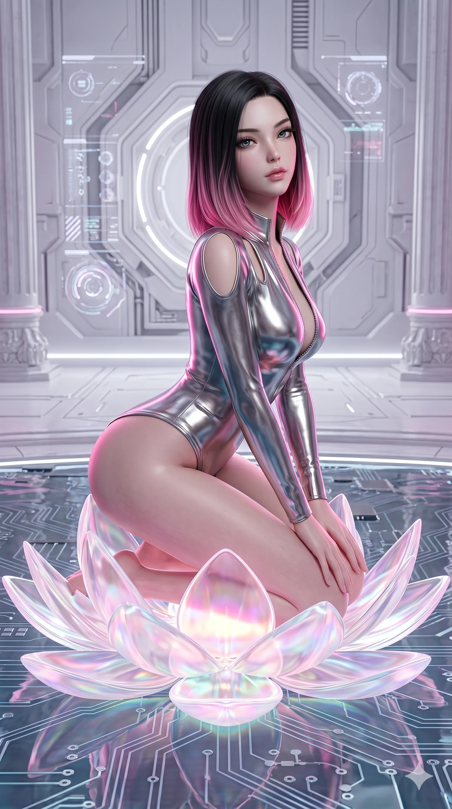score_9, masterpiece, best quality, ultra-detailed, high-budget anime keyframe, semi-realistic 3D game render, Korean woman. Upper body close-up from the thighs up, character filling the screen for maximum presence. She is kneeling on a giant glowing glass lotus blossom floating in a tech-temple pond. She stretches forward with an alluring arch of her spine, glancing over her shoulder with thick eyelashes. She has an absolutely perfect 8-heads proportion, an exceptionally tall and slender female figure with impossibly long slender legs and an ultra-slim waist. V-shaped jawline, high-bridge nose, intricate jewel-like eyes with depth, thick eyelashes, glossy lips with a natural sheen. She is wearing a form-fitting top made of molten liquid-mercury fabric that clings to her curves, with strategic tear-drop shoulder cutouts and a dangerously unzipped front collar. The scene is illuminated by soft glowing white ambient lights and sharp pink side key lights tracing her neck and waist. 2k, ultra detail, master piece, 9:16 ratio