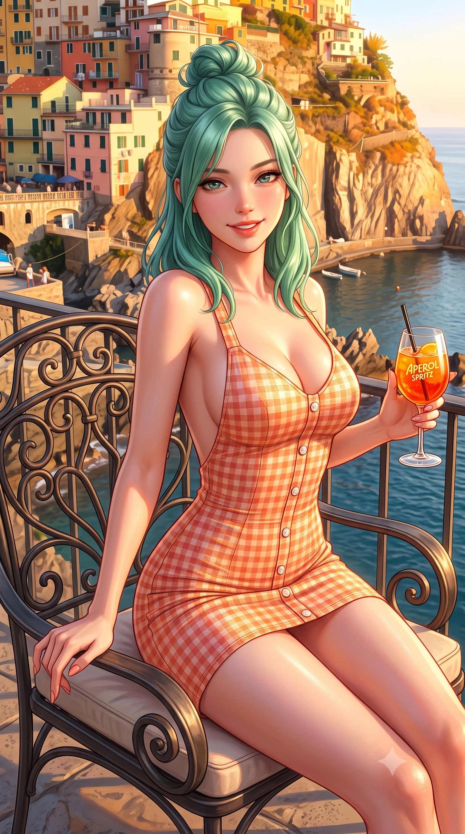 score_9, masterpiece, best quality, ultra-detailed, high-budget anime keyframe, semi-realistic 3D game render, editorial fashion photography, tasteful artistic composition, Japanese woman. close-up cowboy shot from the waist and thighs up, the character dominates the composition, filling the frame with her large presence. leaning forward with playful sun-kissed grace while arching her lower back to accentuate her curvy hips, looking into the camera with a radiant teasing smile and alluring bedroom-eyes while lounging on an outdoor wrought-iron chaise holding an Aperol spritz, her sun-drenched supermodel proportions commanding the vertical frame. The surrounding environment is rendered in vivid detail and crisp panoramic clarity. detailed dress texture, glowing sun-kissed skin highlights, and Italian cliffside village clarity in high resolution. She has an exceptionally elegant, slender, and willowy female figure with an ultra-slim waist, flat toned midriff, narrow ribcage, and sculpted feminine hips creating an alluring, slim hourglass silhouette without bulk. sharp v-shaped jawline, high-bridge nose, sparkling amber-hazel eyes with depth, long lush eyelashes, glossy sun-kissed lips with a warm coral glaze, radiant teasing smile with sensual sunlit bedroom-eyes, exuding effortless old-money elegance and intoxicating sun-drenched allure, flawlessly proportioned anatomical accuracy, strict slender model proportions, natural body alignment, perfectly sculpted long slender limbs, ultra-slim waistline, clean dynamic posture without body distortion. wearing a backless lace-up gingham sundress in soft apricot with a form-fitting bodice and hip-defining silhouette in vibrant sunset coral and cloud white, woven from delicate metallic lurex thread catching the golden hour sunbeams, accented with neat front carved mother-of-pearl buttons, the glove-like silhouette tightly following the natural contour of her hips and long slender legs with youthful 8.5-heads elegance. bathed in luminous golden hour sunlight reflecting off the vertical cliff walls. highly saturated vibrant anime colors, detailed shading with soft gradients, rich glossy textures, high-contrast stereoscopic depth, volumetric dynamic lighting, master piece, 9:16 ratio