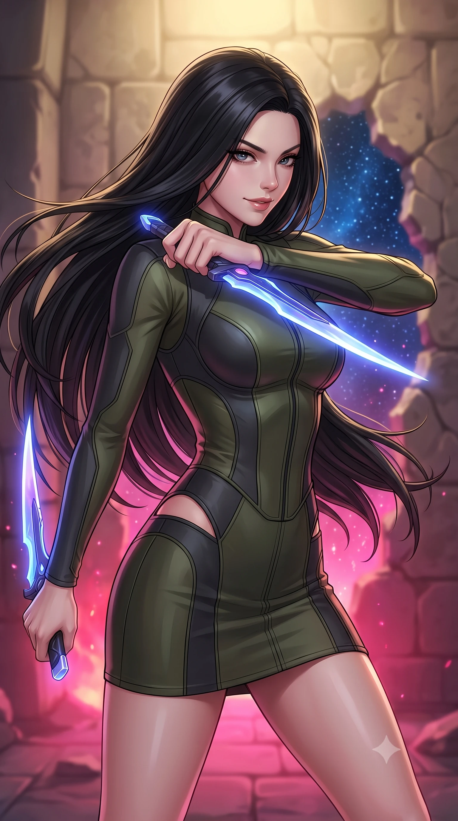 score_9, masterpiece, best quality, ultra-detailed, high-budget anime keyframe, editorial fashion photography, tasteful artistic composition, Korean woman. close-up cowboy shot from the waist and thighs up, the character dominates the composition, filling the frame with her large presence, background elements kept in soft focus. Drawing a twin set of energy daggers with a quiet, menacing smile and a sharp sidelong glare. set against a soft-focus background of a stone corridor of an alien fortress, where a plasma explosion has breached the wall revealing a starry space sky. She has an exceptionally elegant and slender, willowy female figure with an ultra-slim waist, a gracefully sculpted slender torso, and a refined slim physique. sharp v-shaped jawline, high-bridge nose, intricate jewel-like eyes with depth, thick eyelashes, glossy lips with a natural sheen. wearing tailored for maximum mobility, sleek form-contouring panels that allow fluid movement, a body-hugging combat mini dress in dark olive green and charcoal, featuring subtle hip cutouts and a structured bodice. highly saturated vibrant anime colors, intense vivid color palette, soft 3D volumetric shading, volumetric dynamic lighting, dramatic contrast of hot pink furnace glow from below and cool golden light from above. 2k, ultra detail, master piece, 9:16 ratio