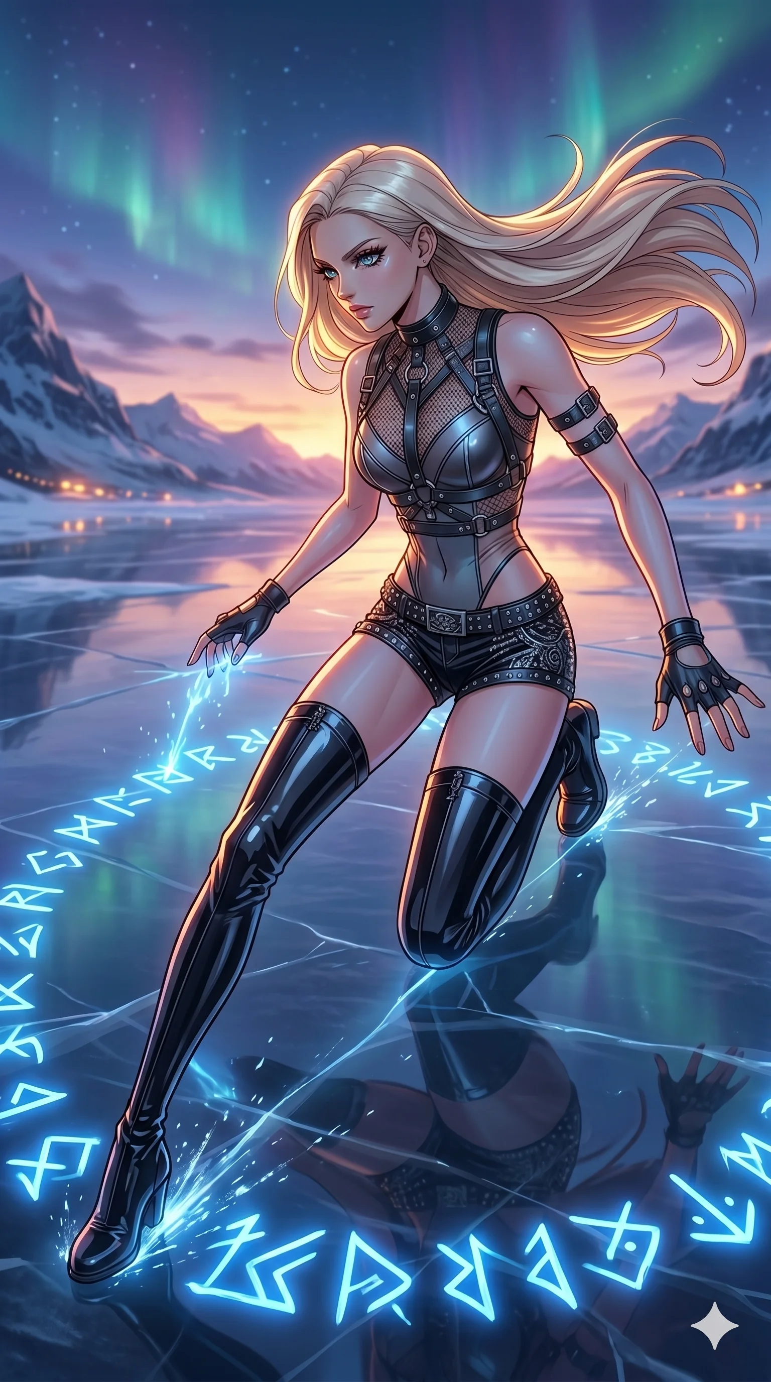 score_9, masterpiece, best quality, ultra-detailed, high-budget anime movie keyframe, cinematic anime lighting, intricate line art, Korean anime girl. Low angle cowboy shot capturing a powerful motion and statuesque presence. gliding across a frozen lake while drawing runes on the ice. She has an absolutely perfect 8-heads proportion, an exceptionally tall and slender female figure with an ultra-slim waist and impossibly long slender legs. strictly human anatomy, two legs only, no extra limbs, clearly defined legs and arms, perfect anatomy, perfect hands and fingers. sharp v-shaped jawline, high-bridge nose, intricate jewel-like eyes, thick eyelashes, glossy lips. Wearing K-Idol Stage: Leather harness over mesh, high-cut bodysuit, studded micro-shorts, and thigh-high patent boots. The scene is illuminated by dramatic atmospheric lighting and vibrant color palettes. , 2k, ultra detail, master piece, 9:16 ratio