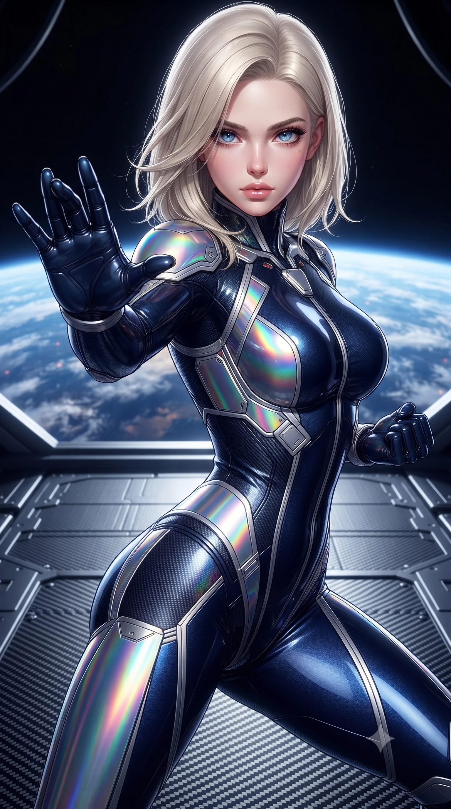 score_9, masterpiece, best quality, ultra-detailed, high-budget anime keyframe, editorial fashion photography, tasteful artistic composition, Caucasian woman. close-up cowboy shot from the waist and thighs up, the character dominates the composition, filling the frame with her large presence. in a razor-sharp Panzer Kunst fighting guard, one hand extended with palm open in fluid kinetic tension, captivating jewel-like eyes locked onto the viewer with dangerous focus while stretching her slender torso in an alluring S-curve on the carbon walkway with the curved horizon of Earth glowing below. The surrounding environment is rendered in vivid detail and crisp panoramic clarity. sharp carbon-fiber gantry floor texture, space elevator cable weave, and planetary cloud swirls in deep focus. She has an exceptionally elegant, slender, and willowy female figure with an ultra-slim waist, a gracefully sculpted slender torso, toned flat midriff, and a refined slim silhouette. sharp v-shaped jawline, high-bridge nose, intricate jewel-like eyes with depth, thick eyelashes, glossy lips with a natural sheen, flawlessly proportioned anatomical accuracy, strict slender model proportions, natural body alignment, perfectly sculpted long slender limbs, ultra-slim waistline, clean dynamic posture without body distortion. wearing a statuesque midnight cobalt carbon-fiber battle-suit with platinum trim, reinforced kinetic palm plates, and an ultra-slim waistline in high-gloss iridescent rainbow carbon with prism holographic sheen, crafted from semi-translucent cybernetic carbon-vinyl interwoven with glowing micro-filaments, finished with high-mobility flexible limb seams and miniature magnetic armor locks, the glove-like aerodynamic second-skin fit tightly clinging to her ultra-slender waist and athletic curves without adding bulk, accentuating her razor-sharp statuesque lines and slim hourglass silhouette. surrounded by an elevated, supreme, and radiantly commanding aerospace martial goddess aura. ultra-reflective glossy finish, specular highlights, dark metallic sheen, high-contrast stereoscopic depth, volumetric dynamic lighting, 2k, ultra detail, master piece, 9:16 ratio