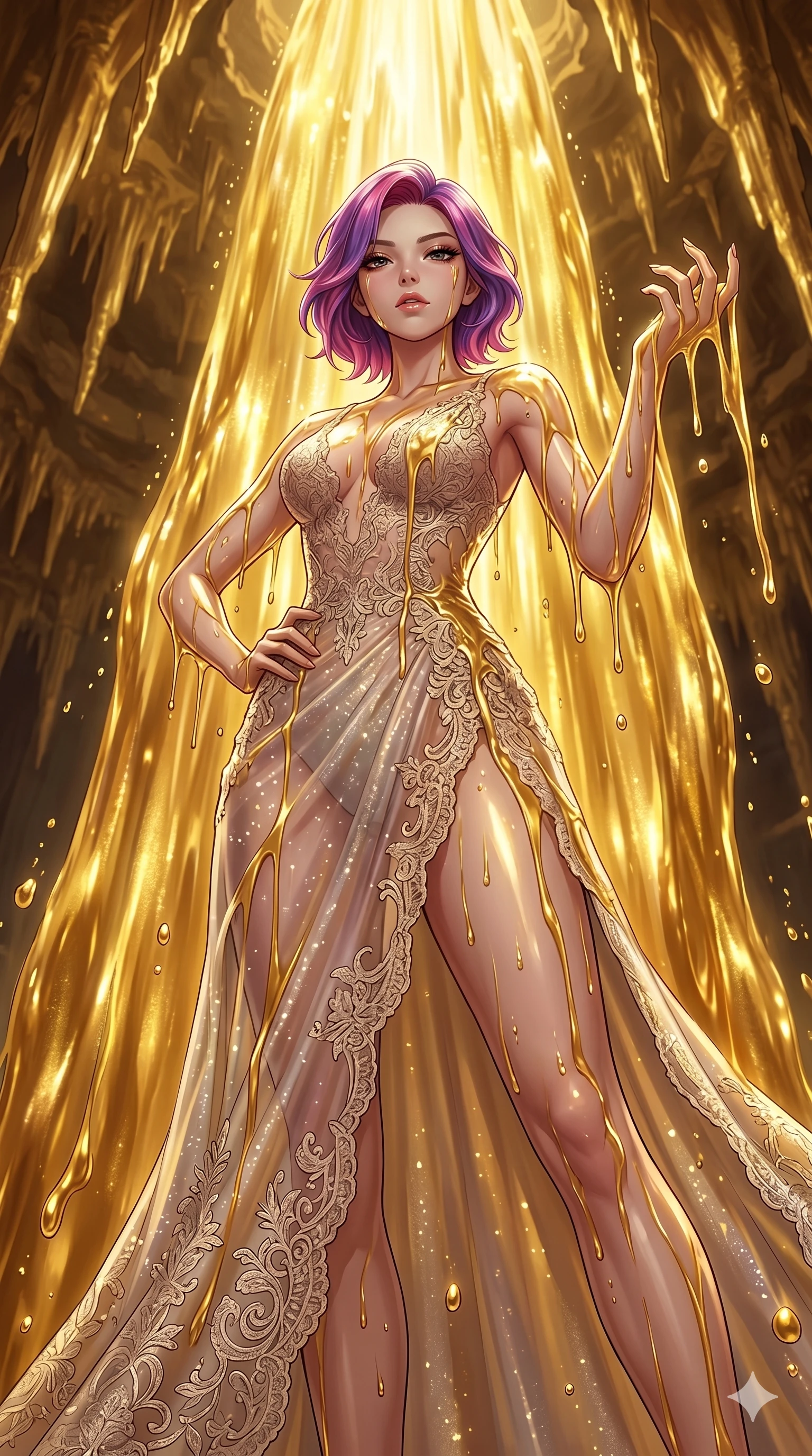 score_9, masterpiece, best quality, ultra-detailed, High-budget Anime Keyframe, East Asian woman. Low angle cowboy shot filling the entire 9:16 frame with her statuesque presence. Scenario 119: Standing under a waterfall of liquid gold, the fluid coating her form. Her presence is magnetic and overpowering in this high-budget anime scene. Outfit 119: A shimmering chiffon sheer with a thigh-high slit and delicate lace embroidery. The clothing is designed to emphasize her exceptionally tall and slender 8-heads proportion. 8-heads proportion, towering silhouette, ultra-slim waist. sharp v-shaped jawline, intricate jewel-like eyes with depth, thick eyelashes, glossy lips. 2k, ultra detail, master piece, 9:16 ratio
