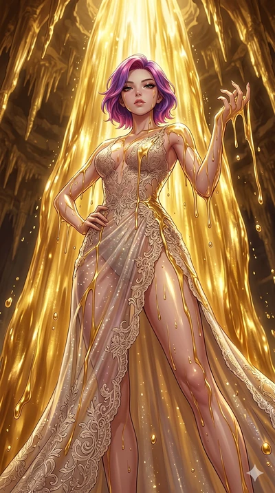 score_9, masterpiece, best quality, ultra-detailed, High-budget Anime Keyframe, East Asian woman. Low angle cowboy shot filling the entire 9:16 frame with her statuesque presence. Scenario 119: Standing under a waterfall of liquid gold, the fluid coa
