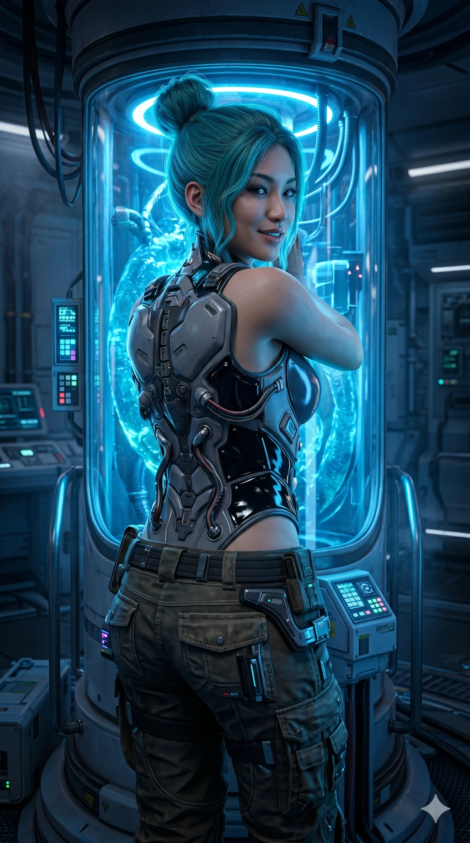 score_9, masterpiece, best quality, ultra-detailed, high-budget anime keyframe, semi-realistic 3D game render, Japanese woman. Upper body close-up from the thighs up, character filling the screen for maximum presence. Standing next to a glowing bio-reactor tank, leaning against the tank, looking back with a confident, proud smile. She is wearing a structured cybernetic bodice with glossy vinyl panels and cargo pants. The scene is illuminated by the intense pulsing blue light of the bio-reactor. 2k, ultra detail, master piece, 9:16 ratio