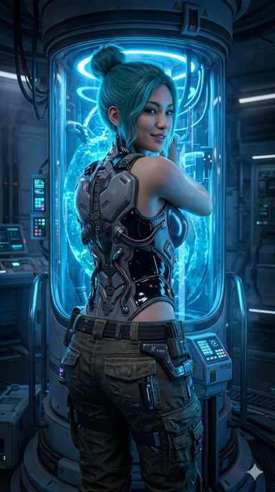 score_9, masterpiece, best quality, ultra-detailed, high-budget anime keyframe, semi-realistic 3D game render, Japanese woman. Upper body close-up from the thighs up, character filling the screen for maximum presence. Standing next to a glowing bio-r