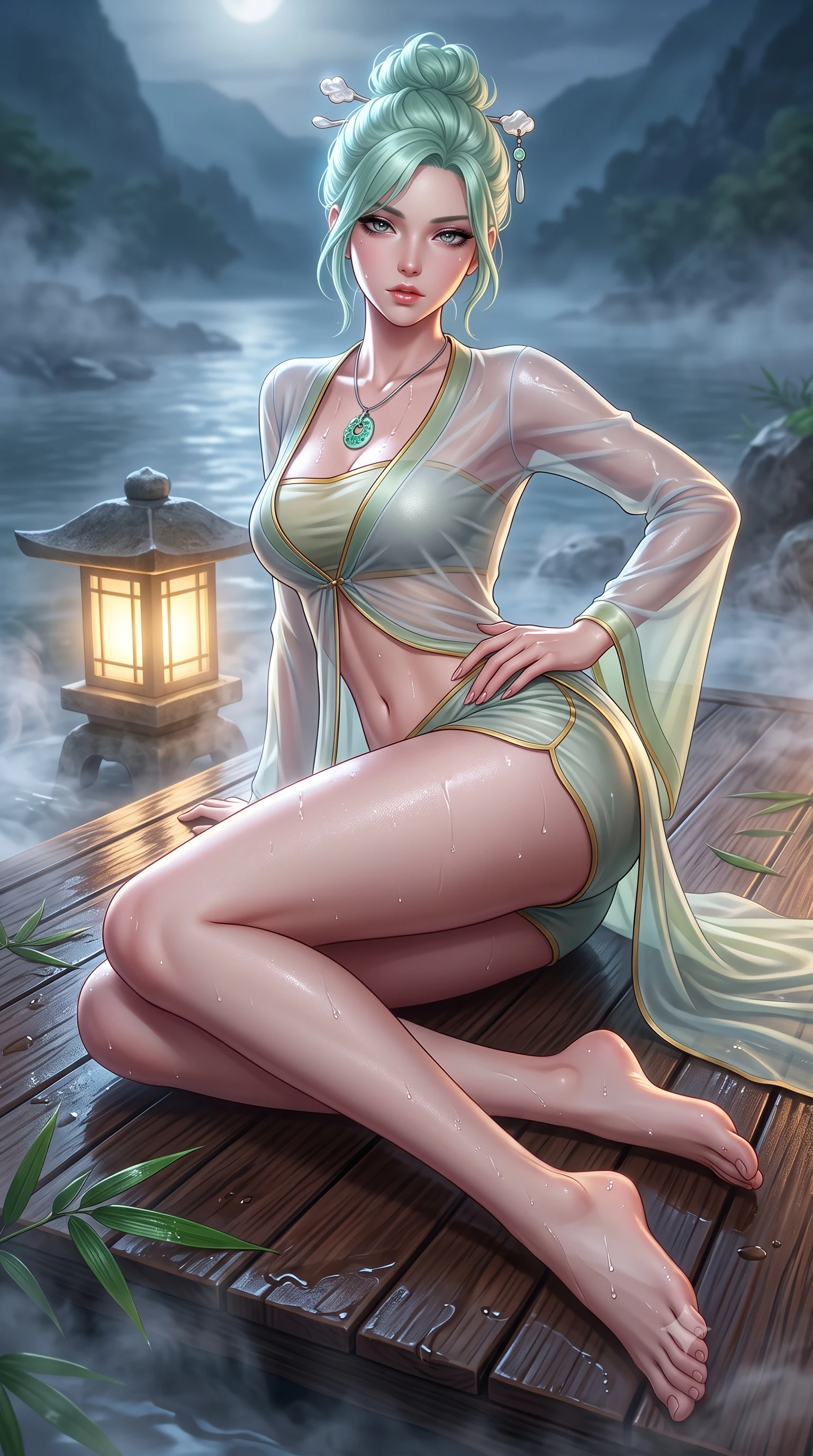 score_9, masterpiece, best quality, ultra-detailed, high-budget anime keyframe, semi-realistic 3D game render, editorial fashion photography, tasteful artistic composition, Japanese woman. low angle full-body shot from head to toe showing her feet, filling the entire 9:16 vertical frame with her statuesque presence, stretching her vertical silhouette. reclining on her side in an elegant Cleopatra pose with one knee drawn up, the dramatic contour of her rounded hips and long slender legs commanding the 9:16 vertical frame while kneeling gracefully on the warm tatami deck beside a glowing stone lantern, one hand resting on her bare hip as cool river mist curls around her. The surrounding environment is rendered in vivid detail and crisp panoramic clarity. sharp wet hinoki wood grain, distinct water droplet tracks on skin, and bamboo leaf venation in deep focus. She has an absolutely perfect, statuesque 8.5-heads proportion, an exceptionally tall and slender model-like female figure with impossibly long slender legs, a toned flat midriff, an ultra-slim waist, and beautifully sculpted feminine hips. sharp v-shaped jawline, high-bridge nose, intricate jewel-like eyes with depth, thick eyelashes, glossy parted lips with a natural sheen, intensely captivating and seductive bedroom-eyes expression, flawlessly proportioned anatomical accuracy, strict slender model proportions, natural body alignment, perfectly sculpted long slender limbs, ultra-slim waistline, clean dynamic posture without body distortion. wearing a sheer chiffon onsen coverup worn over a form-contouring gold-piped bandeau and micro-shorts in moonlit silver and pale bamboo green, made of liquid bamboo jersey adhering seamlessly to her slender frame, accented with mother-of-pearl hair ornaments and a carved jade pendant, the form-contouring material adhering flawlessly to her sculpted flat midriff and slender torso, emphasizing her long leg lines and perfectly proportioned willowy build. illuminated by wet specular highlights accentuating her slender neckline, sculpted waist, and rounded hips. highly saturated vibrant anime colors, detailed shading with soft gradients, rich glossy textures, high-contrast stereoscopic depth, volumetric dynamic lighting, master piece, 9:16 ratio
