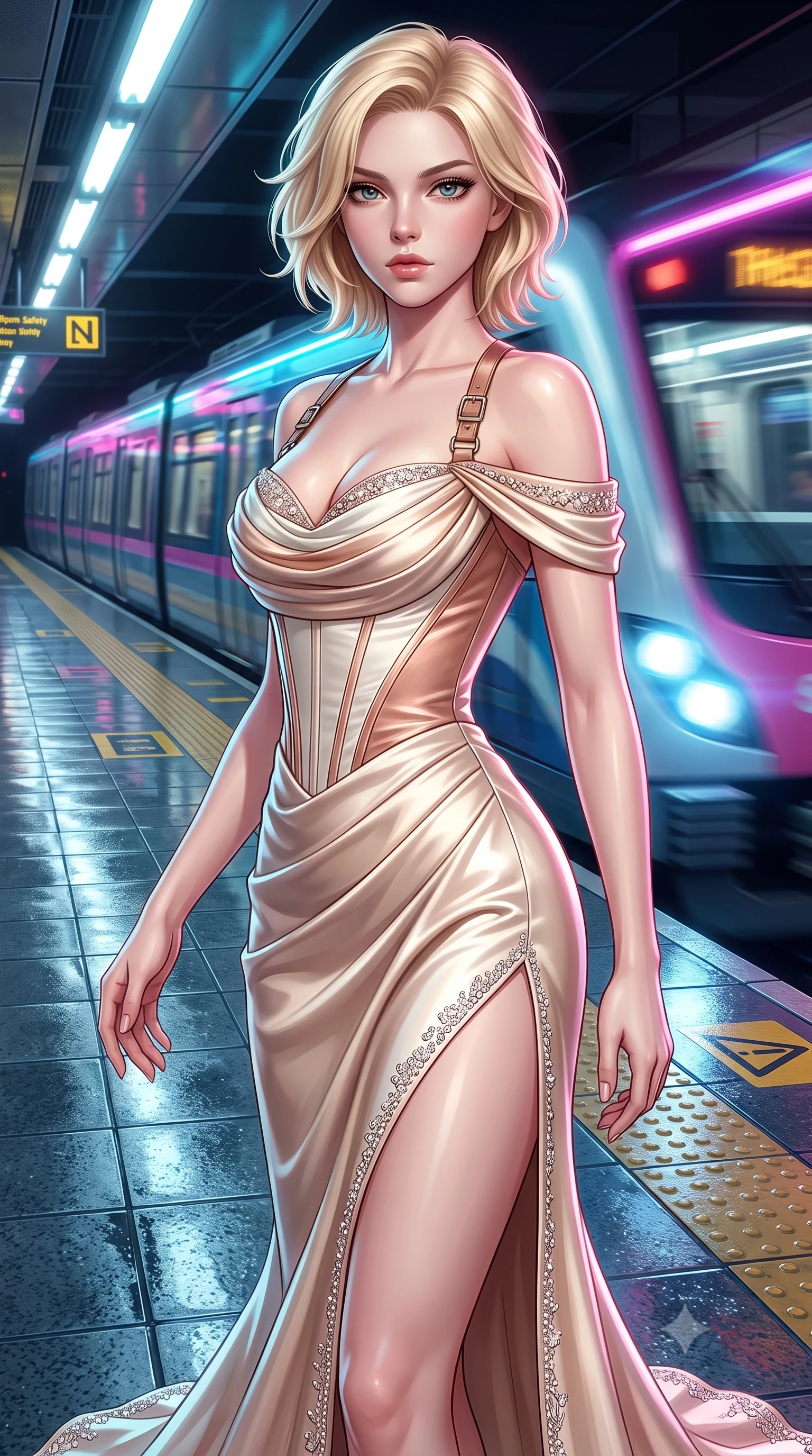score_9, masterpiece, best quality, ultra-detailed, high-budget anime keyframe, semi-realistic 3D game render, editorial fashion photography, tasteful artistic composition, Caucasian woman. close-up cowboy shot from the waist and thighs up, the character dominates the composition, filling the frame with her large presence. radiating intense magnetic charisma with jewel-like eyes locked onto the viewer, her upper body turning in a dynamic, fluid S-curve while pivoting sharply on the wet tiled subway platform as an incoming neon-lit maglev train rushes past in a blur of light. The surrounding environment is rendered in vivid detail and crisp panoramic clarity. detailed platform safety markings, leather harness buckles, and train headlights in high clarity. She has an exceptionally elegant, slender, and willowy female figure with an ultra-slim waist, a gracefully sculpted slender torso, toned flat midriff, and a refined slim silhouette. sharp v-shaped jawline, high-bridge nose, intricate jewel-like eyes with depth, thick eyelashes, glossy lips with a natural sheen, captivating and magnetic expression, flawlessly proportioned anatomical accuracy, strict slender model proportions, natural body alignment, perfectly sculpted long slender limbs, ultra-slim waistline, clean dynamic posture without body distortion. wearing a statuesque off-shoulder champagne satin gala dress featuring a thigh-high side slit and draped corset bodice in champagne ivory and rose gold, tailored from ultra-smooth duchess satin with a pearlescent sheen, finished with delicate crystal embroidery along the neckline and hem, the liquid-tight tailored fabric emphasizing every curve of her tall, slender model proportions and sculptured silhouette during dynamic movement. surrounded by an edgy, electrifying, and irresistibly cool cyber-street idol aura. highly saturated vibrant anime colors, detailed shading with soft gradients, rich glossy textures, high-contrast stereoscopic depth, volumetric dynamic lighting, master piece, 9:16 ratio