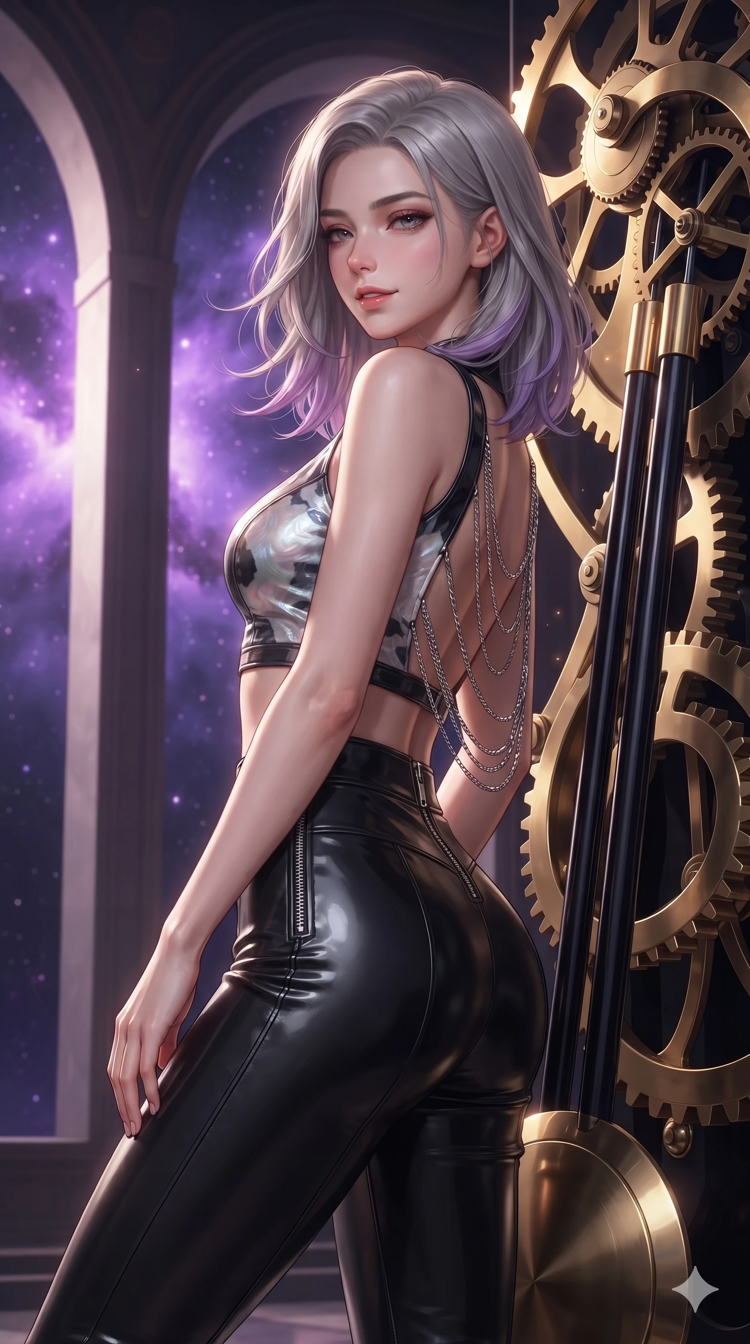 score_9, masterpiece, best quality, ultra-detailed, high-budget anime keyframe, editorial fashion photography, tasteful artistic composition, Caucasian woman. close-up cowboy shot from the waist and thighs up, the character dominates the composition, filling the frame with her large presence. turning slowly with an enchanting smoldering smile, her glossy hair tossing in the breeze as her hips angle gracefully in a captivating contrapposto while leaning against the massive escapement wheel with hips cocked back, watching glowing purple nebulae drift through soaring open arches with heavy-lidded bedroom-eyes. The surrounding environment is rendered in vivid detail and crisp panoramic clarity: sharp polished brass gear teeth, engraved astronomical gear ratios, and heavy obsidian pendulum rods in deep focus. She has an exceptionally elegant, slender, and willowy female figure with an ultra-slim waist, flat toned midriff, narrow ribcage, and sculpted feminine hips creating an alluring, slim hourglass silhouette without bulk. sharp v-shaped jawline, high-bridge nose, intricate jewel-like sparkling eyes with depth, thick eyelashes, glossy parted lips with a natural peach sheen, bright cheerful beaming smile with an enchanting and coquettish sensual glint, exuding both youthful cute charm and seductive allure, flawlessly proportioned anatomical accuracy, strict slender model proportions, natural body alignment, perfectly sculpted long slender limbs, ultra-slim waistline, clean dynamic posture without body distortion. wearing a glossy vinyl crop top and high-waist tailored leggings with sleek chrome zippers and exposed midriff in iridescent mother-of-pearl and liquid molten silver, woven from buttery-soft stretch lambskin leather adhering to her body like a second skin, accented with an open-back drape framed by falling strands of delicate chrome chains, the glove-like clinging cut tightly following the natural contour of her hips and long slender legs with youthful 8.5-heads elegance. illuminated by gear train reflection bounce and sharp gold-violet rim lights sculpting her razor-sharp jawline, narrow waist, and curvy hips. ultra-reflective glossy finish, specular highlights, rich textural contrasts, high-contrast stereoscopic depth, volumetric dynamic lighting, 2k, ultra detail, master piece, 9:16 ratio