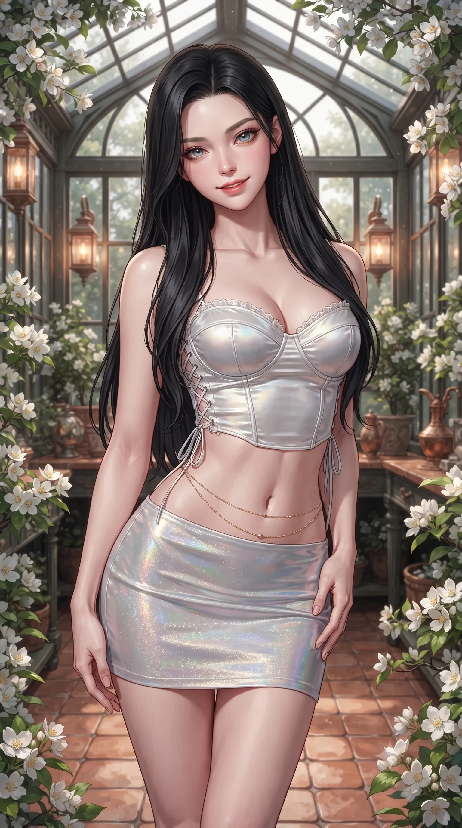 score_9, masterpiece, best quality, ultra-detailed, high-budget anime keyframe, editorial fashion photography, tasteful artistic composition, Korean woman. close-up cowboy shot from the waist and thighs up, the character dominates the composition, filling the frame with her large presence. tilting her head with a teasing half-smile, running one hand slowly down the side of her hip in a flirtatious S-curve as ambient light caresses her silhouette while standing poised on the terracotta tile floor of the antique glass orangery surrounded by blooming jasmine and white apple blossoms, arching her spine with wet-look siren grace. The surrounding environment is rendered in vivid detail and crisp panoramic clarity: detailed garment tailoring, delicate trims, and rustic French aristocracy craft in razor-sharp precision. She has an exceptionally elegant, slender, and willowy female figure with an ultra-slim waist, flat toned midriff, narrow ribcage, and sculpted feminine hips creating an alluring, slim hourglass silhouette without bulk. sharp v-shaped jawline, high-bridge nose, intricate jewel-like sparkling eyes with depth, thick eyelashes, glossy parted lips with a natural peach sheen, bright cheerful beaming smile with an enchanting and coquettish sensual glint, exuding both youthful cute charm and seductive allure, flawlessly proportioned anatomical accuracy, strict slender model proportions, natural body alignment, perfectly sculpted long slender limbs, ultra-slim waistline, clean dynamic posture without body distortion. wearing a sculpted satin underwire crop bustier with lace-up side ties paired with a micro skirt in iridescent mother-of-pearl and liquid molten silver, woven from stretch metallic lurex jersey casting radiant starlight glints across her curves, accented with a dainty gold belly chain resting across her flat midriff and curving hips, the glove-like clinging cut tightly following the natural contour of her hips and long slender legs with youthful 8.5-heads elegance. bathed in the warm 2500K glow of hanging copper lantern sconces combined with silver moonlight through glass. ultra-reflective glossy finish, specular highlights, rich textural contrasts, high-contrast stereoscopic depth, volumetric dynamic lighting, 2k, ultra detail, master piece, 9:16 ratio
