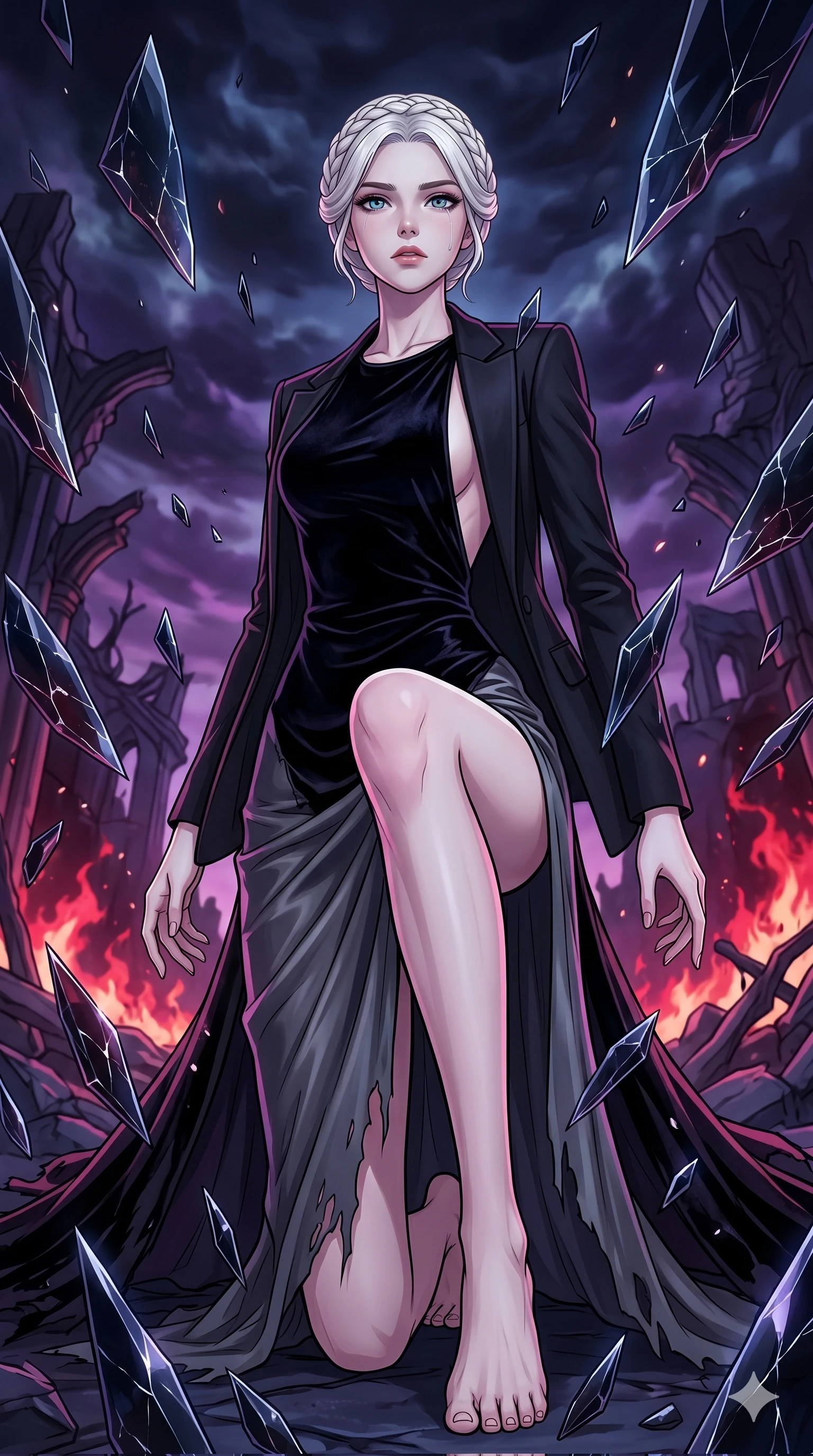 score_9, masterpiece, best quality, ultra-detailed, high-budget anime movie keyframe, cinematic anime lighting, intricate line art, Korean anime girl. Dynamic full-body shot stretching the vertical silhouette with extreme perspective. kneeling in a rain of obsidian shards as she makes a final stand. She has an absolutely perfect 8-heads proportion, an exceptionally tall and slender female figure with an ultra-slim waist and impossibly long slender legs. strictly human anatomy, two legs only, no extra limbs, clearly defined legs and arms, perfect anatomy, perfect hands and fingers. sharp v-shaped jawline, high-bridge nose, intricate jewel-like eyes, thick eyelashes, glossy lips. Wearing High-Fashion Editorial: Silk slip dress with high side slit, backless velvet gown, and structured blazer with nothing underneath. The scene is illuminated by dramatic atmospheric lighting and vibrant color palettes. , 2k, ultra detail, master piece, 9:16 ratio