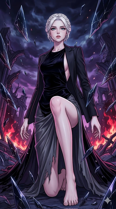 score_9, masterpiece, best quality, ultra-detailed, high-budget anime movie keyframe, cinematic anime lighting, intricate line art, Korean anime girl. Dynamic full-body shot stretching the vertical silhouette with extreme perspective. kneeling in a r