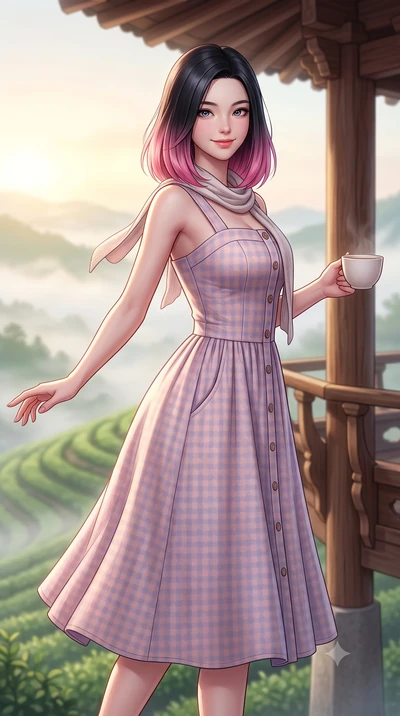 score_9, masterpiece, best quality, ultra-detailed, high-budget anime keyframe, semi-realistic 3D game render, editorial fashion photography, tasteful artistic composition, Korean woman. close-up cowboy shot from the waist and thighs up, the characte