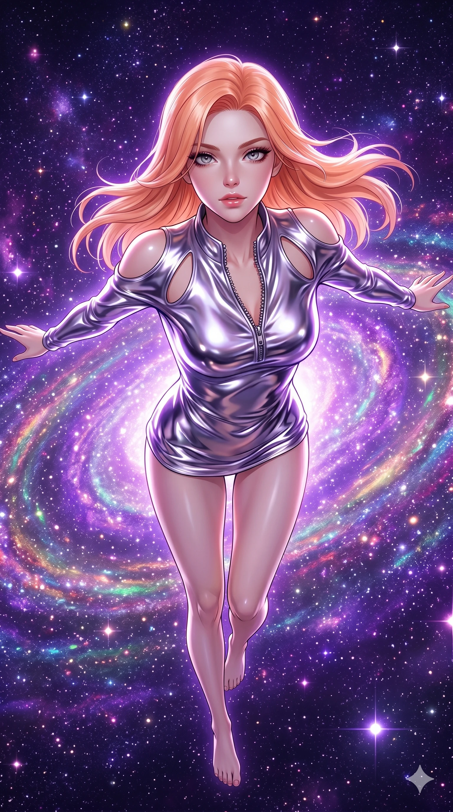 score_9, masterpiece, best quality, ultra-detailed, high-budget anime keyframe, editorial fashion photography, tasteful artistic composition, Japanese woman. Upper body close-up from the thighs up, character filling the screen for maximum presence. She is floating weightlessly inside a brilliant violet galaxy, surrounded by swirling cosmic dust rings. She spreads her arms in a graceful flying pose, looking toward the camera. She has an absolutely perfect 8-heads proportion, an exceptionally tall and slender female figure with impossibly long slender legs and an ultra-slim waist. V-shaped jawline, high-bridge nose, intricate jewel-like eyes with depth, thick eyelashes, glossy lips with a natural sheen. She is wearing a form-fitting top made of molten liquid-mercury fabric that clings to her curves, with strategic tear-drop shoulder cutouts and a dangerously unzipped front collar. The scene is bathed in brilliant purple starlight and a sharp white front key light highlighting her details. 2k, ultra detail, master piece, 9:16 ratio