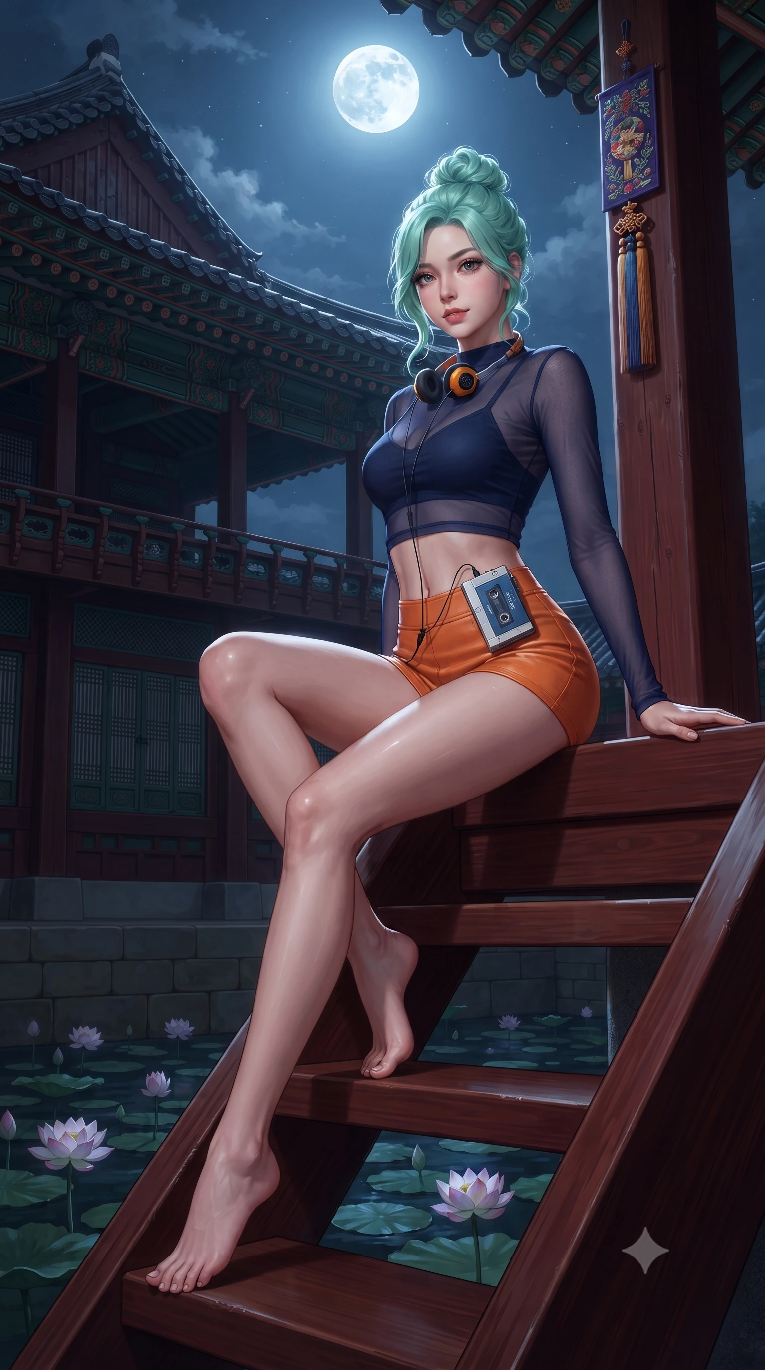 score_9, masterpiece, best quality, ultra-detailed, high-budget anime keyframe, editorial fashion photography, tasteful artistic composition, Japanese woman. low angle full-body shot from head to toe showing her feet, filling the entire 9:16 vertical frame with her statuesque presence, stretching her vertical silhouette. stepping slowly toward the camera with hypnotic grace, hips swaying in an alluring sensual rhythm that accentuates her curvy hourglass silhouette and long slender legs while sitting perched on the lacquered veranda steps with legs crossed, arching her lower back with breathtaking siren grace as lotus blossoms drift below. The surrounding environment is rendered in vivid detail and crisp panoramic clarity: detailed embroidered silk norigae weave, moonlight glints on skin, and historic royal pavilion architecture in razor-sharp precision. She has an absolutely perfect, statuesque 8.5-heads proportion, an exceptionally tall and slender model-like female figure with impossibly long slender legs, an ultra-slim waist, a flat toned midriff, narrow delicate ribcage, and beautifully sculpted feminine hips creating a graceful, slim hourglass silhouette without any bulky heaviness. sharp v-shaped jawline, high-bridge nose, sparkling eyes with hypnotic seductive depth, thick curled eyelashes, glossy parted lips with a natural dewy peach sheen, alluring bedroom-eyes with an enchanting coquettish smile, exuding magnetic siren charisma and sophisticated glamour, flawlessly proportioned anatomical accuracy, strict slender model proportions, natural body alignment, perfectly sculpted long slender limbs, ultra-slim waistline, clean dynamic posture without body distortion. wearing a sheer athletic mesh long-sleeve crop top layered over an opaque strappy micro-bralette and tight leatherette shorts in sunset tangerine orange and deep navy indigo, made of semi-opaque stretch illusion mesh with soft shadowy contours, complemented by a retro cassette walkman with vintage foam-padded orange headphones, the precision-cut side openings and low-back scoop framing her graceful spine and the sensual sweep of her slim, toned hips. bathed in pure silver moonlight cascading directly from the harvest full moon above. ultra-reflective glossy finish, specular highlights, rich textural contrasts, high-contrast stereoscopic depth, volumetric dynamic lighting, 2k, ultra detail, master piece, 9:16 ratio