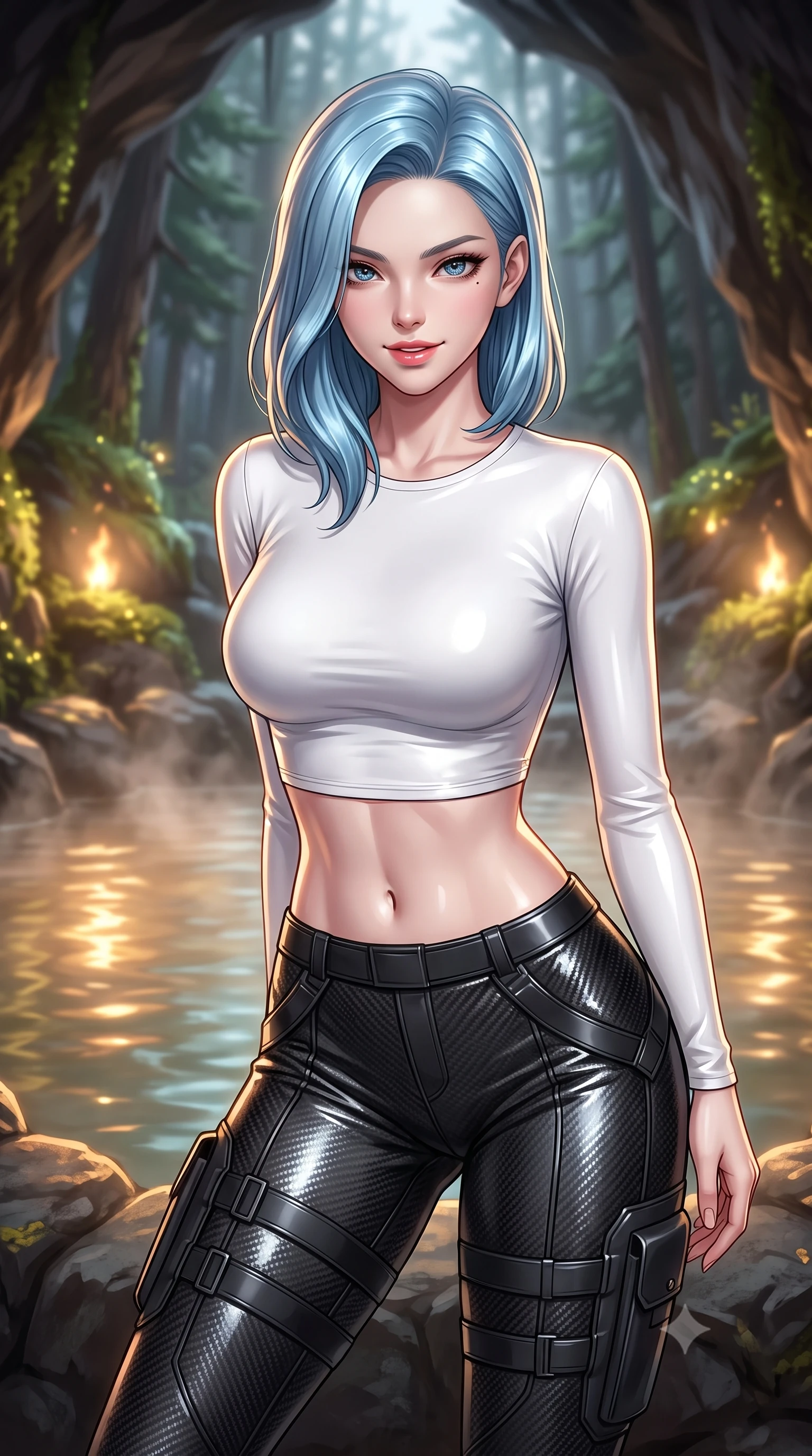 score_9, masterpiece, best quality, ultra-detailed, high-budget anime keyframe, editorial fashion photography, tasteful artistic composition, Korean woman. close-up cowboy shot from the waist and thighs up, the character dominates the composition, filling the frame with her large presence, background elements kept in soft focus. leaning slightly forward with a playful, teasing smile, her gaze locked onto the viewer with lips parted in a composed pose, the background shows a soft-focus a pine forest hot spring inside a cave with warm steaming water. She has an exceptionally elegant, slender, and willowy female figure with an ultra-slim waist, a gracefully sculpted slender torso, and a refined silhouette. sharp v-shaped jawline, high-bridge nose, intricate jewel-like eyes with depth, thick eyelashes, glossy lips with a natural sheen. wearing a slim-fit body-hugging long-sleeve tactical crop top in pure white, paired with high-waisted black carbon-weave skinny pants. soft flickering light from glowing moss reflecting on the pool water. ultra-reflective glossy finish, specular highlights, metallic sheen, high-contrast stereoscopic depth, volumetric dynamic lighting, 2k, ultra detail, master piece, 9:16 ratio