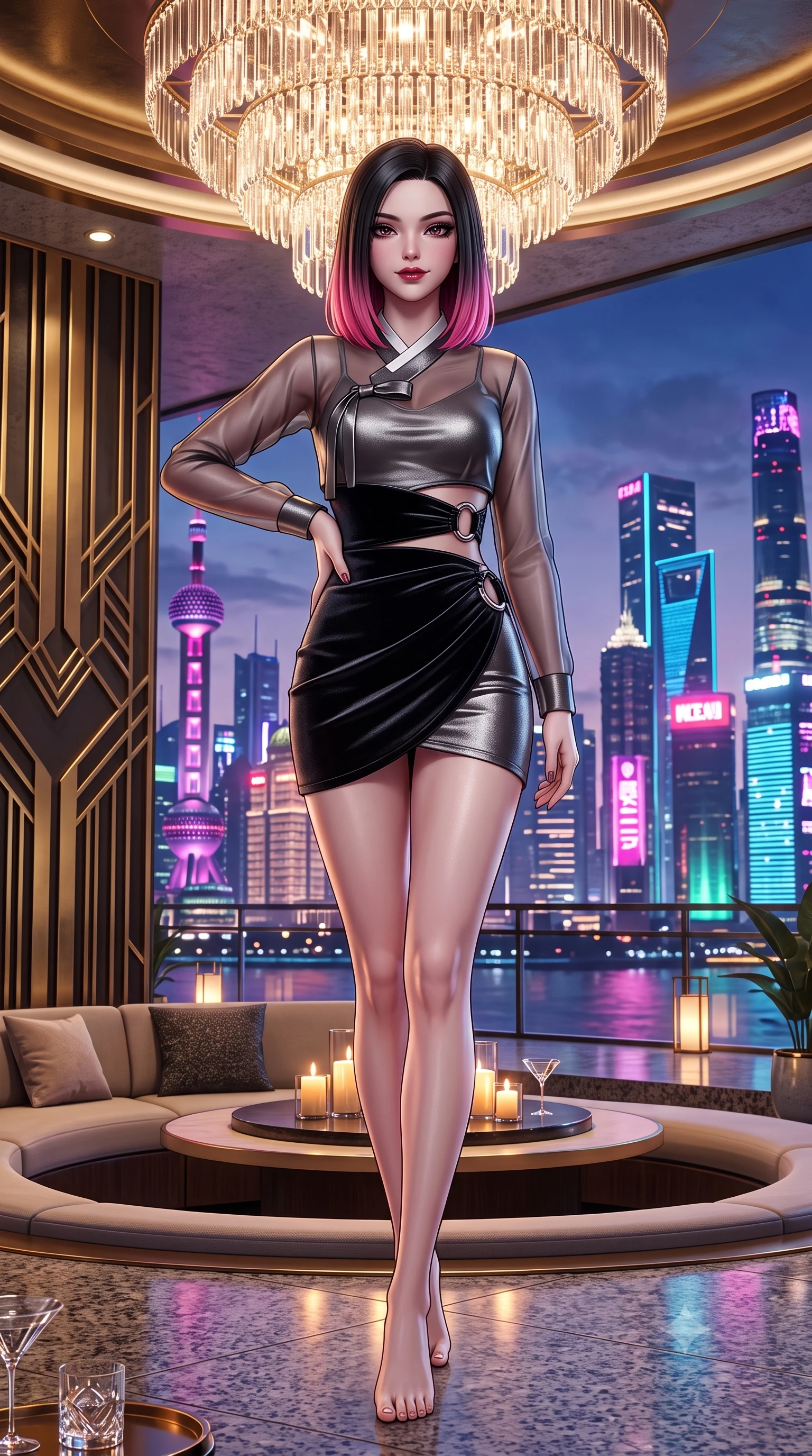 score_9, masterpiece, best quality, ultra-detailed, high-budget anime keyframe, semi-realistic 3D game render, editorial fashion photography, tasteful artistic composition, Korean woman. low angle full-body shot from head to toe showing her feet, filling the entire 9:16 vertical frame with her statuesque presence, stretching her vertical silhouette. pausing mid-stride beneath the grand chandelier with one hand resting on her narrow waist, her arched hips and statuesque 8.5-heads presence commanding the 9:16 vertical frame while lounging gracefully on a circular low banquette propped on one elbow, her radiant dark allure commanding the frame against the futuristic neon towers. The surrounding environment is rendered in vivid detail and crisp panoramic clarity. sharp art deco brass geometric relief, polished riverfront granite texture, and crystal cocktail glass clarity in deep focus. She has an exceptionally tall and slender model-like 8.5-heads proportion, an ultra-slim waist, a flat toned midriff, narrow delicate ribcage, and beautifully sculpted feminine hips creating a graceful, slim hourglass silhouette without any bulky heaviness, with impossibly long slender legs. sharp v-shaped jawline, high-bridge nose, intricate jewel-like dark sparkling eyes with dangerous depth, thick curled eyelashes, glossy parted lips with a rich wine sheen, smoldering seductive half-smile with bedroom-eyes, exuding effortless superiority and intoxicating dark allure, flawlessly proportioned anatomical accuracy, strict slender model proportions, natural body alignment, perfectly sculpted long slender limbs, ultra-slim waistline, clean dynamic posture without body distortion. wearing a modern fusion dark hanbok mini dress with a sheer silk organza jeogori and high-waisted velvet wrap skirt in shimmering pewter and noir velvet black, made of liquid-tight stretch jersey emphasizing every curve of her body, accented with sculptural chrome hardware rings framing the subtle cutouts, the liquid-tight tailored fabric clinging flawlessly to her narrow waist and rounded feminine hips, emphasizing every millimeter of her sculpted slim hourglass curves without any bulky heaviness. bathed in dramatic neon riverfront ambient bounce and warm terrace candle highlights. highly saturated vibrant anime colors, detailed shading with soft gradients, rich glossy textures, high-contrast stereoscopic depth, volumetric dynamic lighting, master piece, 9:16 ratio