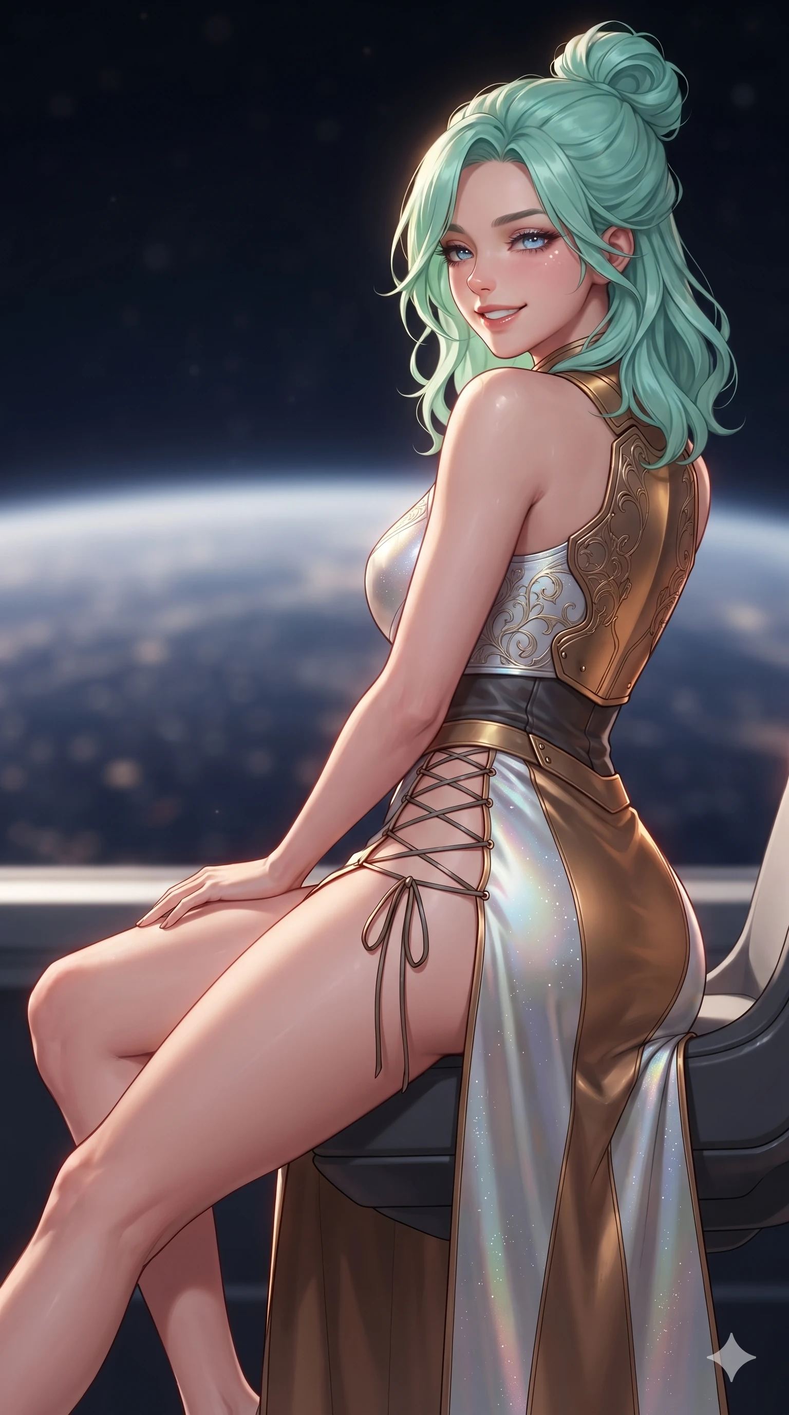 score_9, masterpiece, best quality, ultra-detailed, high-budget anime keyframe, editorial fashion photography, tasteful artistic composition, Japanese woman. close-up cowboy shot from the waist and thighs up, the character dominates the composition, filling the frame with her large presence. posing in an alluring rear three-quarter angle, looking over a bare shoulder with heavy-lidded sparkling eyes, her hips cocked back to highlight her slim hourglass curve while lounging poised on the anti-gravity observation seat propped on one elbow with legs extended, displaying her long slender limbs against the curved event horizon. The background shows a soft-focus relativistic Doppler particulate glow softened in deep-space observatory shallow focus. She has an exceptionally elegant, slender, and willowy female figure with an ultra-slim waist, flat toned midriff, narrow ribcage, and sculpted feminine hips creating an alluring, slim hourglass silhouette without bulk. sharp v-shaped jawline, high-bridge nose, intricate jewel-like sparkling eyes with depth, thick eyelashes, glossy parted lips with a natural sheen, bright confident smile with an enchanting and coquettish sensual glint, exuding both youthful magnetic charm and sovereign high-tech allure, flawlessly proportioned anatomical accuracy, strict slender model proportions, natural body alignment, perfectly sculpted long slender limbs, ultra-slim waistline, clean dynamic posture without body distortion. wearing a cyber-samurai tactical suit featuring a shortened carbon chestplate and high-slit armored wrap skirt in cosmic eclipse amber and starlight diamond, tailored from brushed aeronautical titanium alloy with matte satin sheen, featuring fine criss-cross lace-up side ties revealing tantalizing glimpses of her hip curve, the bespoke structured tailoring following the natural line of her 8.5-heads silhouette with refined elegance. illuminated by viewport reflection bounce and sharp gold-crimson rim lights sculpting her razor-sharp jawline, narrow waist, and curvy hips. ultra-reflective glossy finish, specular highlights, rich textural contrasts, high-contrast stereoscopic depth, volumetric dynamic lighting, 2k, ultra detail, master piece, 9:16 ratio
