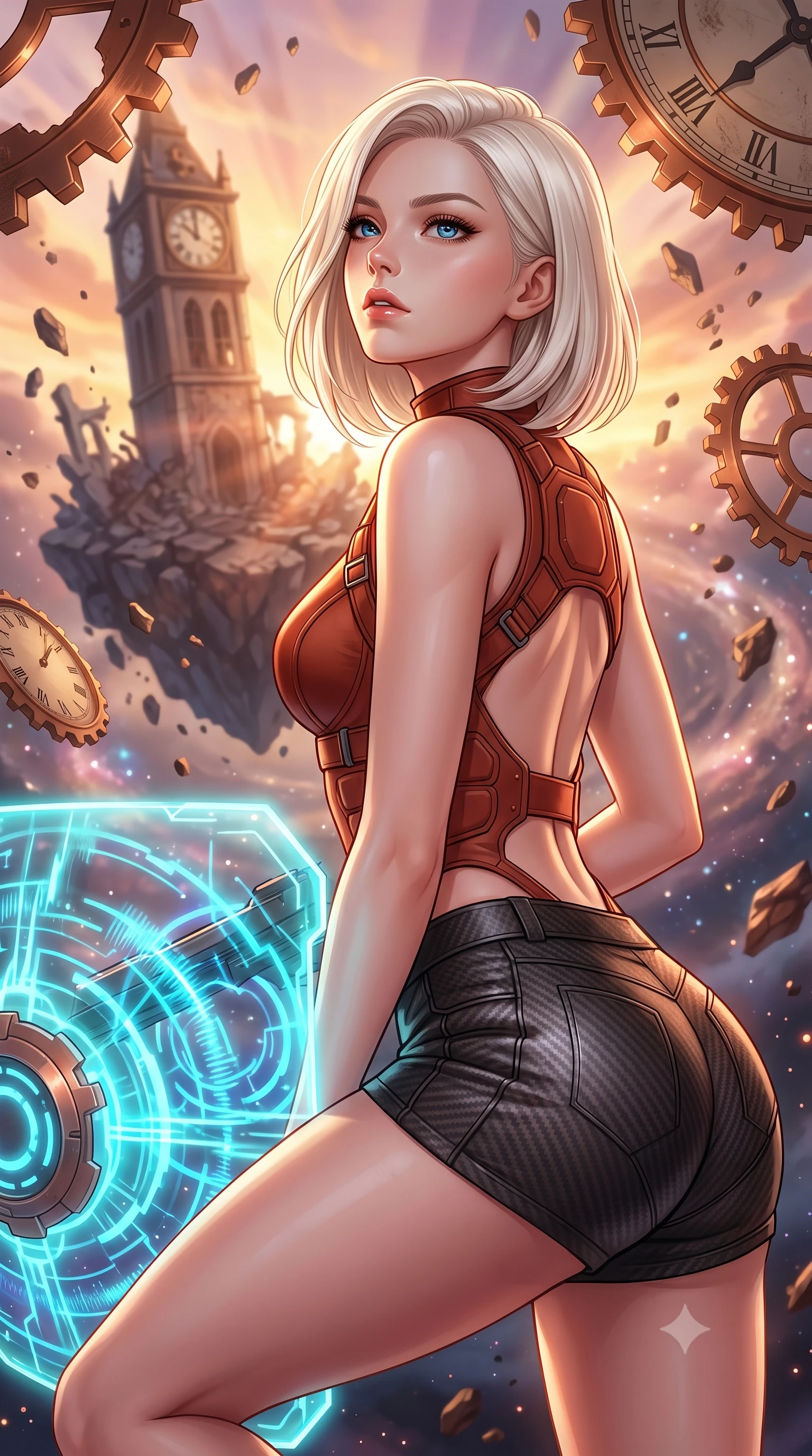 score_9, masterpiece, best quality, ultra-detailed, high-budget anime keyframe, editorial fashion photography, tasteful artistic composition, Caucasian woman. close-up cowboy shot from the waist and thighs up, the character dominates the composition, filling the frame with her large presence, background elements kept in soft focus. crouching slightly behind a glowing holographic shield emitter, looking up with defiance and lips slightly parted, the background shows a soft-focus a ruined clocktower floating on a shattered asteroid surrounded by cosmic dust. She has an exceptionally elegant, slender, and willowy female figure with an ultra-slim waist, a gracefully sculpted slender torso, and a refined silhouette. sharp v-shaped jawline, high-bridge nose, intricate jewel-like eyes with depth, thick eyelashes, glossy lips with a natural sheen. wearing a body-hugging backless combat top in terracotta red, paired with carbon-fiber micro-shorts. warm orange sunset rays filtering through broken copper gears and clock faces. highly saturated vibrant anime colors, detailed shading with soft gradients, rich glossy textures, high-contrast stereoscopic depth, volumetric dynamic lighting, master piece, 9:16 ratio