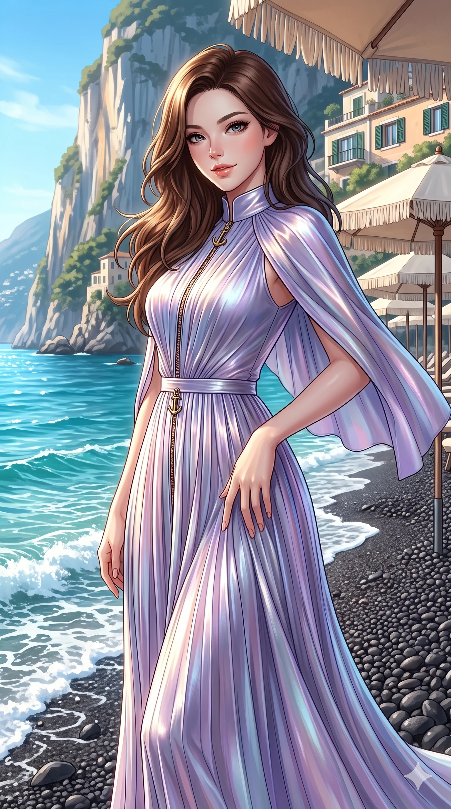 score_9, masterpiece, best quality, ultra-detailed, high-budget anime keyframe, semi-realistic 3D game render, editorial fashion photography, tasteful artistic composition, Korean woman. close-up cowboy shot from the waist and thighs up, the character dominates the composition, filling the frame with her large presence. tilting her head with a teasing half-smile, running one hand slowly down the side of her hip in a flirtatious S-curve as ambient light caresses her silhouette while standing poised on the dark volcanic pebble beach as turquoise surf washes around her ankles, arching her lower back with sovereign supermodel grace. The surrounding environment is rendered in vivid detail and crisp panoramic clarity: sharp dark pebble beach textures, canvas parasol fringe, and Positano cliffside villa window shutters in deep focus. She has an exceptionally elegant, slender, and willowy female figure with an ultra-slim waist, flat toned midriff, narrow ribcage, and sculpted feminine hips creating an alluring, slim hourglass silhouette without bulk. sharp v-shaped jawline, high-bridge nose, sparkling eyes with hypnotic seductive depth, thick curled eyelashes, glossy parted lips with a natural dewy peach sheen, alluring bedroom-eyes with an enchanting coquettish smile, exuding magnetic siren charisma and sophisticated glamour, flawlessly proportioned anatomical accuracy, strict slender model proportions, natural body alignment, perfectly sculpted long slender limbs, ultra-slim waistline, clean dynamic posture without body distortion. wearing a bespoke Mediterranean tailored cape-sleeve evening gown with high collar and fluid pleated skirt in iridescent mother-of-pearl and dusk lavender, crafted from luxurious metallic lamé that shifts radiance with every step, finished with sleek heavy-duty brass anchor zip pulls and nautical hardware, the bespoke structured tailoring following the natural line of her 8.5-heads silhouette with refined elegance. bathed in brilliant Mediterranean late afternoon sunshine reflecting off the vertical cliff face and turquoise sea. highly saturated vibrant anime colors, detailed shading with soft gradients, rich glossy textures, high-contrast stereoscopic depth, volumetric dynamic lighting, master piece, 9:16 ratio