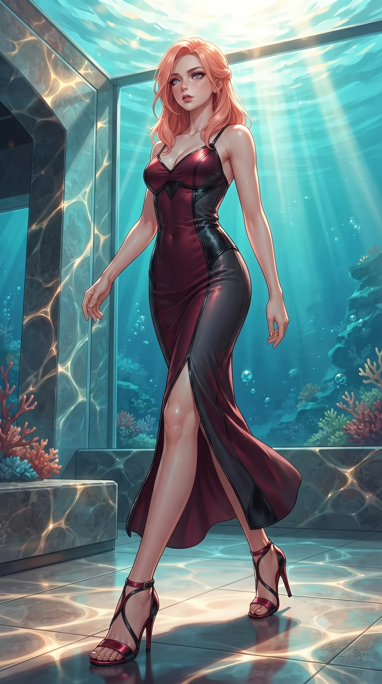 score_9, masterpiece, best quality, ultra-detailed, high-budget anime keyframe, editorial fashion photography, tasteful artistic composition, Japanese woman. low angle full-body shot from head to toe showing her feet, filling the entire 9:16 vertical frame with her statuesque presence, stretching her vertical silhouette. stepping gracefully through the luxurious environment, stretching her statuesque silhouette, resting near a glass bay wall as gentle ocean waves cast dynamic caustic patterns, golden sunbeams penetrating turquoise ocean water creating caustic light webs. She has an absolutely perfect, statuesque 8.5-heads proportion, an exceptionally tall and slender model-like female figure with impossibly long slender legs and an ultra-slim waist. sharp v-shaped jawline, high-bridge nose, intricate jewel-like eyes with depth, thick eyelashes, glossy lips with a natural sheen. wearing form-contouring dark crimson liquid silk long slip dress in dark charcoal gray, made of polished black leather, adorned with minimalist black onyx hardware framing the silhouette, the fitted fabric emphasizing her ultra-slim waist. surrounded by an ethereal underwater aura with bright pearl rim lights. ultra-reflective glossy finish, specular highlights, metallic sheen, high-contrast stereoscopic depth, volumetric dynamic lighting, 2k, ultra detail, master piece, 9:16 ratio