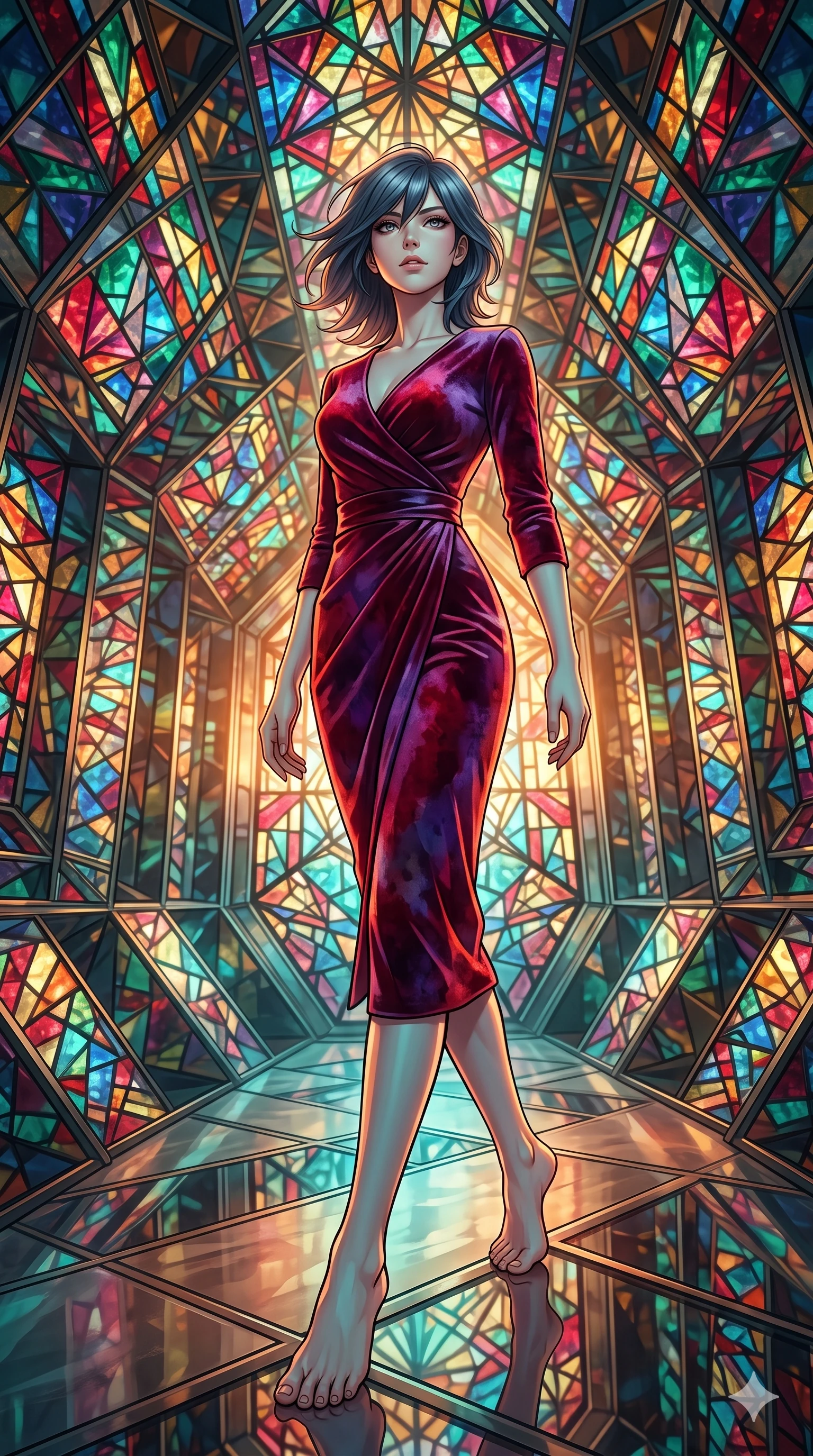 score_9, masterpiece, best quality, ultra-detailed, high-budget anime keyframe, editorial fashion photography, tasteful artistic composition, Caucasian woman, strictly human ears. low angle full-body shot from head to toe showing her feet, filling the entire 9:16 vertical frame with her statuesque presence, stretching her vertical silhouette. striking a commanding pose within walking through the interior of a building-sized kaleidoscope where angled mirrors multiply geometric patterns of colored glass into infinite symmetrical fractals stretching in every direction. She has a statuesque 8.5-heads proportion, an exceptionally tall, slender and willowy model-like build with impossibly long legs and a highly sculpted ultra-slim waist. sharp v-shaped jawline, high-bridge nose, intricate jewel-like eyes with depth, thick eyelashes, glossy lips with a natural sheen. wearing a wrap-front fitted midi dress in deep crimson and violet watercolor velvet, drawing focus to her slender waist through strategic draping. warm amber rim lighting combined with cool teal fill light creating dramatic contrast. 2k, ultra detail, master piece, 9:16 ratio