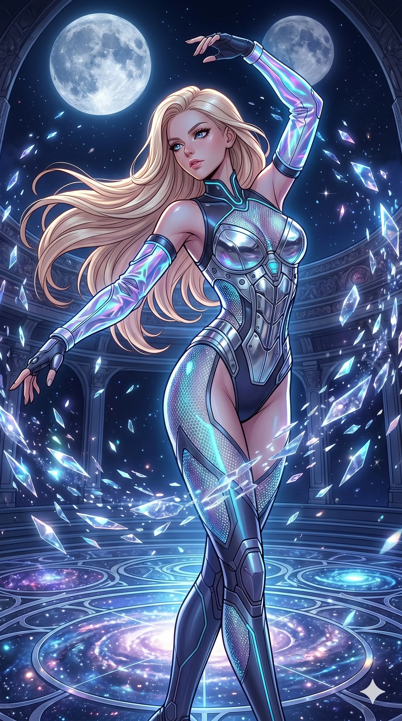 score_9, masterpiece, best quality, ultra-detailed, high-budget anime movie keyframe, cinematic anime lighting, intricate line art, Korean woman. Medium shot of upper body capturing the intricate details of her high-fashion attire. dancing with data-shards in a frozen starlight ballroom under a twin-moon sky. She has an absolutely perfect 8-heads proportion, an exceptionally tall and slender female figure with an ultra-slim waist and impossibly long slender legs. sharp v-shaped jawline, high-bridge nose, intricate jewel-like eyes, thick eyelashes, glossy lips. Wearing asymmetrical high-cut tech-bodysuit with detached glowing sleeves, chrome-plated mechanical corset, and bioluminescent mesh panels clinging to her slender figure. The scene is illuminated by dramatic atmospheric lighting and vibrant color palettes. , 2k, ultra detail, master piece, 9:16 ratio