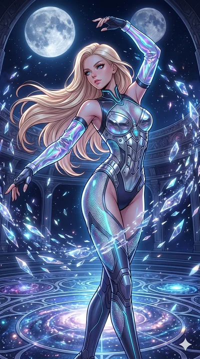 score_9, masterpiece, best quality, ultra-detailed, high-budget anime movie keyframe, cinematic anime lighting, intricate line art, Korean woman. Medium shot of upper body capturing the intricate details of her high-fashion attire. dancing with data-