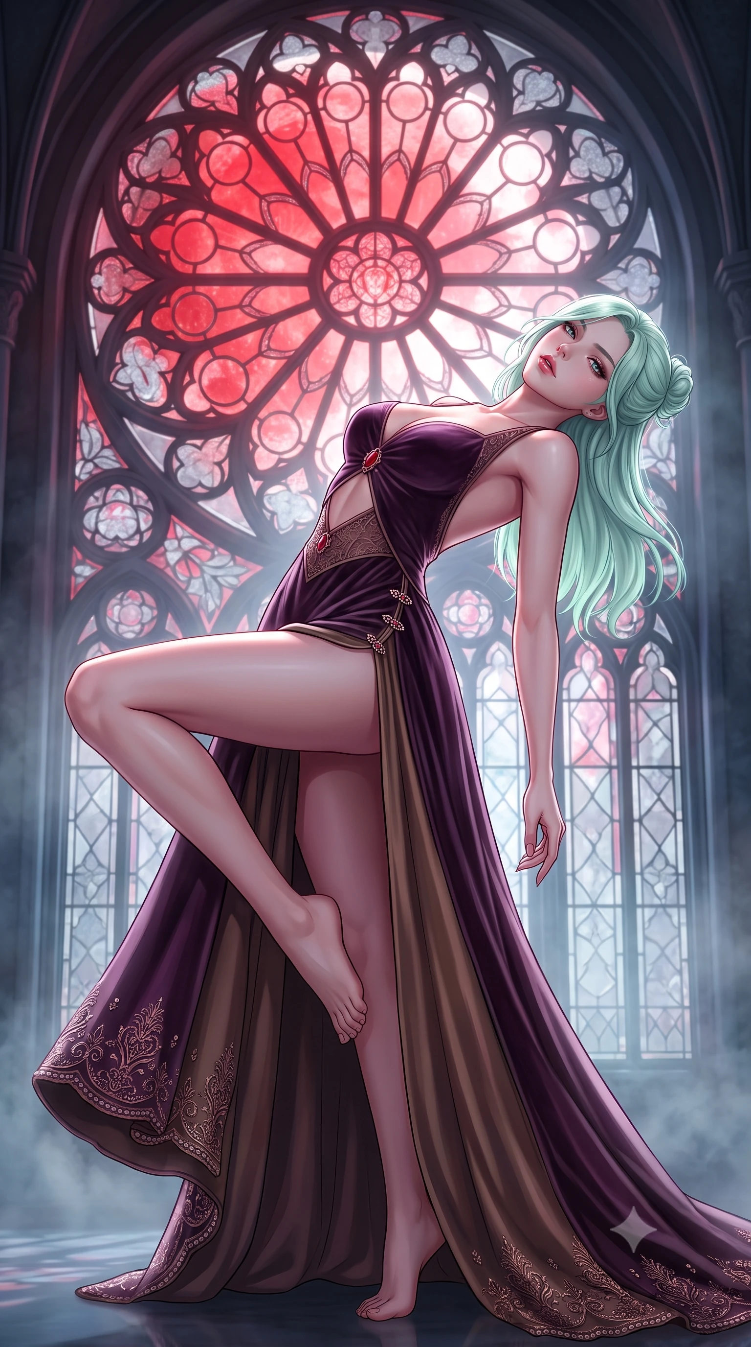 score_9, masterpiece, best quality, ultra-detailed, high-budget anime keyframe, semi-realistic 3D game render, editorial fashion photography, tasteful artistic composition, Japanese woman. low angle full-body shot from head to toe showing her feet, filling the entire 9:16 vertical frame with her statuesque presence, stretching her vertical silhouette. reclining back languidly with one knee bent and spine arched in a breathtaking dancer line, commanding the entire 9:16 vertical frame while arching her back in an alluring dance-like pause as moonlight pours through a colossal rose stained-glass window. The surrounding environment is rendered in vivid detail and crisp panoramic clarity. detailed leaded stained-glass patterns, silk dress hem embroidery, and mist layers in high resolution. She has an absolutely perfect, statuesque 8.5-heads proportion, an exceptionally tall and slender model-like female figure with impossibly long slender legs, a toned flat midriff, and an ultra-slim waist. sharp v-shaped jawline, high-bridge nose, intricate jewel-like eyes with depth, thick eyelashes, glossy parted lips with a natural sheen, intensely captivating and seductive expression, flawlessly proportioned anatomical accuracy, strict slender model proportions, natural body alignment, perfectly sculpted long slender limbs, ultra-slim waistline, clean dynamic posture without body distortion. wearing a deep sweetheart neckline velvet ballgown with an exposed midriff cutout framed by ruby clasps in dusky plum violet and antique bronze, made of fluid silk crepe with delicate inner corsetry boning, finished with an ultra-high side slit secured by miniature jeweled clasps, the dramatically scooped open back descending to the base of her spine, accentuating her razor-sharp statuesque lines and slim hourglass silhouette. bathed in surreal blood-red lunar eclipse backlighting and cool silver ambient fill. highly saturated vibrant anime colors, detailed shading with soft gradients, rich glossy textures, high-contrast stereoscopic depth, volumetric dynamic lighting, master piece, 9:16 ratio