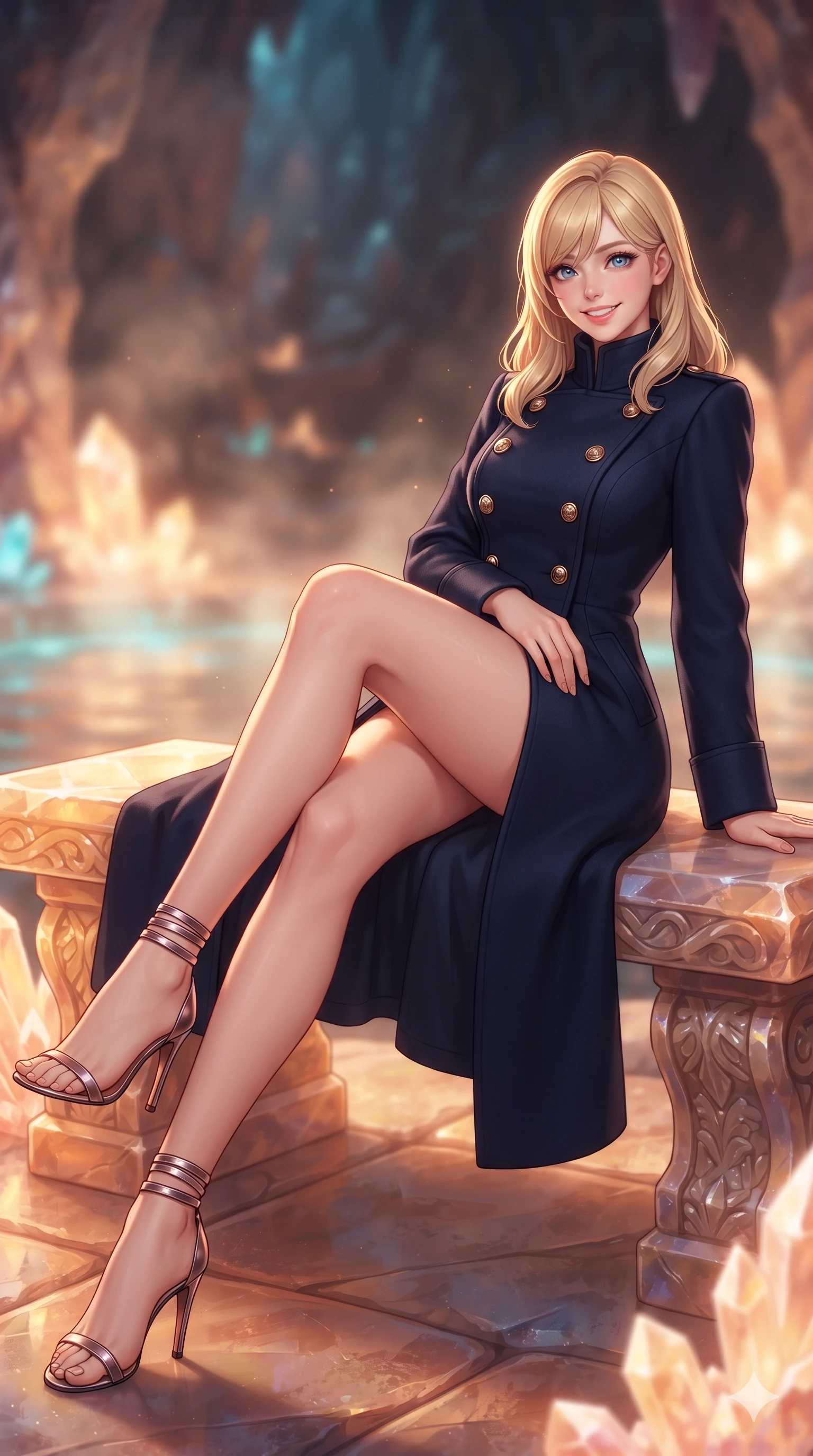 score_9, masterpiece, best quality, ultra-detailed, high-budget anime keyframe, semi-realistic 3D game render, editorial fashion photography, tasteful artistic composition, Caucasian woman. low angle full-body shot from head to toe showing her feet, filling the entire 9:16 vertical frame with her statuesque presence, stretching her vertical silhouette. stepping forward in a confident stride, her long slender legs and curvaceous hips creating a dynamic, sweeping vertical line while lounging gracefully across the warm crystalline stone bench propped on one elbow with legs extended, displaying her long slender limbs and statuesque hourglass silhouette. The background shows a soft-focus warm geode steam softened in subterranean crystal sanctuary shallow focus. She has an exceptionally tall and slender model-like 8.5-heads proportion, an ultra-slim waist, a flat toned midriff, narrow delicate ribcage, and beautifully sculpted feminine hips creating a graceful, slim hourglass silhouette without any bulky heaviness, with impossibly long slender legs. sharp v-shaped jawline, high-bridge nose, intricate jewel-like sparkling eyes with depth, thick eyelashes, glossy parted lips with a natural peach sheen, bright cheerful beaming smile with an enchanting and coquettish sensual glint, exuding both youthful cute charm and seductive allure, flawlessly proportioned anatomical accuracy, strict slender model proportions, natural body alignment, perfectly sculpted long slender limbs, ultra-slim waistline, clean dynamic posture without body distortion. wearing a structured high-collar Victorian opera greatcoat in midnight navy wool with polished brass crest buttons in Solaris liquid rose-quartz and alien peach, crafted from bespoke double-faced cashmere with an exceptionally soft tactile finish, complemented by strappy stiletto sandals with metallic ankle wraps accentuating her slender calves, the impeccably tailored cut draping gracefully along her slender figure with aristocratic poise. bathed in the natural phosphorescent glow of ultraviolet and cyan crystals combined with warm mineral pool LEDs. highly saturated vibrant anime colors, detailed shading with soft gradients, rich glossy textures, high-contrast stereoscopic depth, volumetric dynamic lighting, master piece, 9:16 ratio