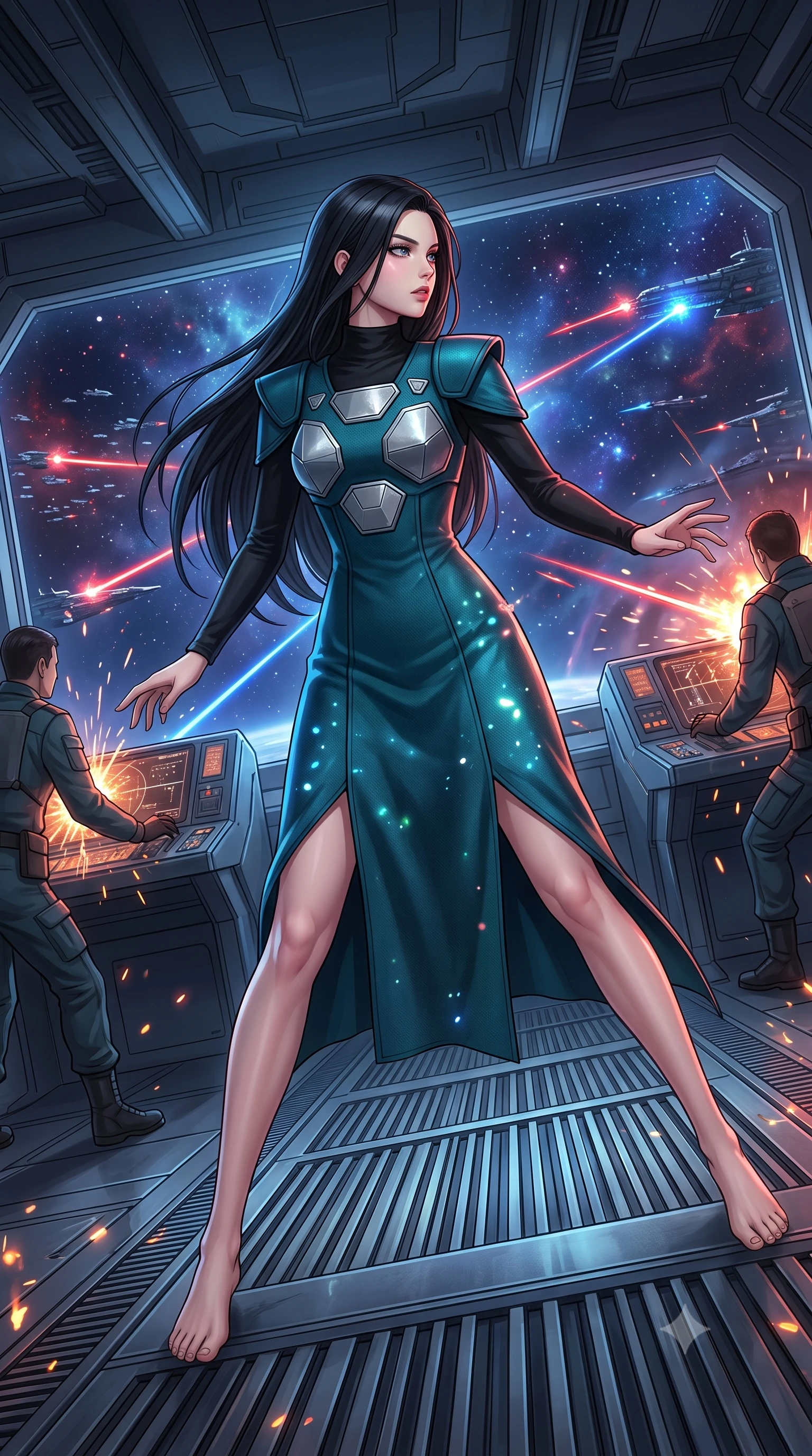 score_9, masterpiece, best quality, ultra-detailed, high-budget anime keyframe, editorial fashion photography, tasteful artistic composition, Korean woman. low angle full-body shot from head to toe showing her feet, filling the entire 9:16 vertical frame with her statuesque presence, stretching her vertical silhouette. skidding across a metal flight deck as the starship tilts violently during battle inside the bridge of a massive fleet flagship, officers in soft focus, and a giant panoramic window showing a space battle of lasers. She has a statuesque 8.5-heads proportion, an exceptionally tall, slender and willowy model-like build with impossibly long legs and a highly sculpted ultra-slim waist. sharp v-shaped jawline, high-bridge nose, intricate jewel-like eyes with depth, thick eyelashes, glossy lips with a natural sheen. wearing catching and diffusing the glowing particles, shimmering softly in response to the surrounding light, a body-hugging futuristic scholar robe in deep teal wool, featuring structured shoulder caps and silver geometric chest plates, over a black high-neck top. highly saturated vibrant anime colors, intense vivid color palette, soft 3D volumetric shading, volumetric dynamic lighting, shifting blue and red tactical map reflections mapping across her features. 2k, ultra detail, master piece, 9:16 ratio