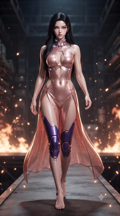 score_9, masterpiece, best quality, ultra-detailed, high-budget anime keyframe, editorial fashion photography, tasteful artistic composition, Korean woman. low angle full-body shot from head to toe showing her feet, filling the entire 9:16 vertical f
