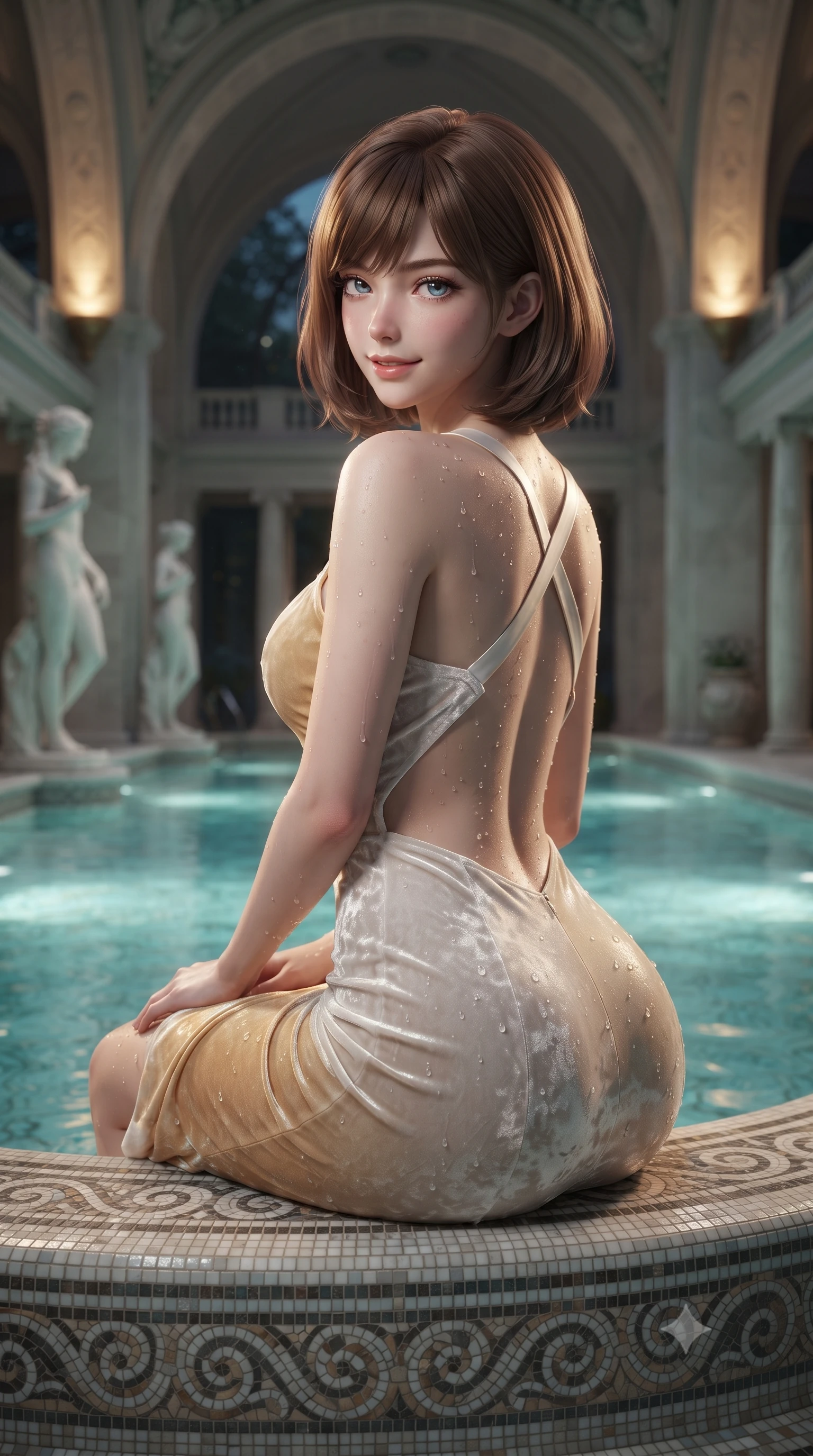 score_9, masterpiece, best quality, ultra-detailed, high-budget anime keyframe, editorial fashion photography, tasteful artistic composition, Caucasian woman. close-up cowboy shot from the waist and thighs up, the character dominates the composition, filling the frame with her large presence. turning over a bare shoulder with an intoxicating, teasing smile, her soft hair framing her sharp jawline as her hips angle gracefully while sitting on the carved mosaic rim of a thermal mineral pool beneath soaring Art Nouveau arches, water droplets beading on her curvy hips as she looks back. The composition keeps background elements in soft focus with creamy bokeh. classical marble pool statues and colonnades softened in dreamy nocturnal shallow focus. She has an exceptionally elegant, slender, and willowy female figure with an ultra-slim waist, flat toned midriff, narrow ribcage, and sculpted feminine hips creating an alluring, slim hourglass silhouette without bulk. sharp v-shaped jawline, high-bridge nose, intricate jewel-like eyes with depth, thick eyelashes, glossy parted lips with a natural sheen, intensely captivating and seductive bedroom-eyes expression, flawlessly proportioned anatomical accuracy, strict slender model proportions, natural body alignment, perfectly sculpted long slender limbs, ultra-slim waistline, clean dynamic posture without body distortion. wearing a deep sweetheart neckline crushed velvet corseted ballgown with an exposed midriff cutout in pure alabaster white and sun-kissed gold, tailored from liquid silk jersey adhering flawlessly to her slender build, finished with criss-cross back satin straps highlighting her graceful shoulder blades, the precision-cut side openings and low-back scoop framing her graceful spine and the sensual sweep of her slim, toned hips. bathed in soft underwater turquoise pool illumination and warm golden stone sconce uplights. ultra-reflective glossy finish, specular highlights, rich textural contrasts, high-contrast stereoscopic depth, volumetric dynamic lighting, 2k, ultra detail, master piece, 9:16 ratio