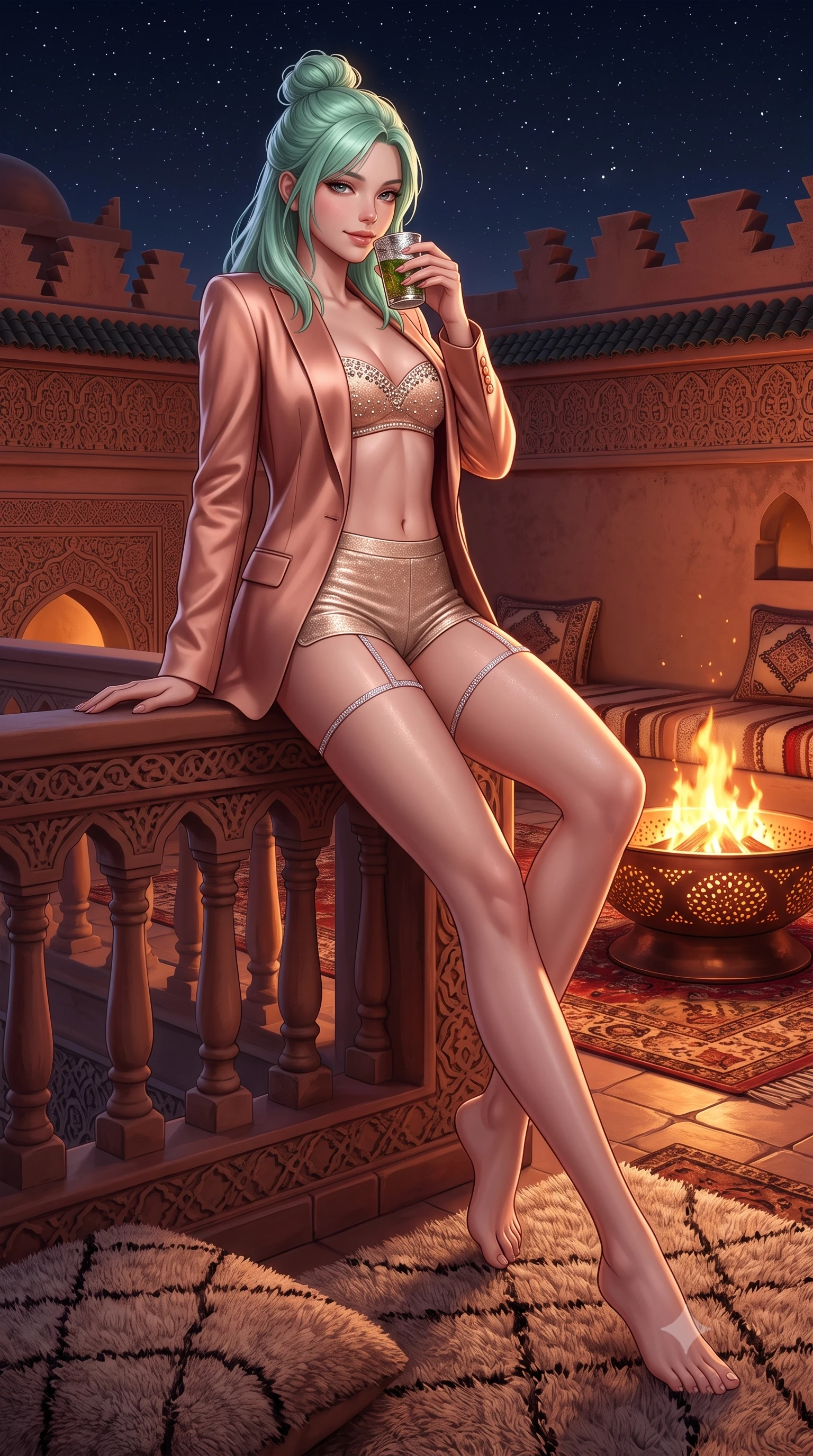 score_9, masterpiece, best quality, ultra-detailed, high-budget anime keyframe, semi-realistic 3D game render, editorial fashion photography, tasteful artistic composition, Japanese woman. low angle full-body shot from head to toe showing her feet, filling the entire 9:16 vertical frame with her statuesque presence, stretching her vertical silhouette. leaning deep against the balcony balustrade with hips cocked back in an unapologetically alluring high-fashion stance, casting an intoxicating glance while sitting perched on the edge of the carpeted lounge with legs extended, holding a silver mint tea glass with a captivating seductive smile. The surrounding environment is rendered in vivid detail and crisp panoramic clarity: sharp handwoven Berber rug textures, pierced copper fire pit engravings, and terracotta parapet relief in deep focus. She has an absolutely perfect, statuesque 8.5-heads proportion, an exceptionally tall and slender model-like female figure with impossibly long slender legs, an ultra-slim waist, a flat toned midriff, narrow delicate ribcage, and beautifully sculpted feminine hips creating a graceful, slim hourglass silhouette without any bulky heaviness. sharp v-shaped jawline, high-bridge nose, sparkling eyes with hypnotic seductive depth, thick curled eyelashes, glossy parted lips with a natural dewy peach sheen, alluring bedroom-eyes with an enchanting coquettish smile, exuding magnetic siren charisma and sophisticated glamour, flawlessly proportioned anatomical accuracy, strict slender model proportions, natural body alignment, perfectly sculpted long slender limbs, ultra-slim waistline, clean dynamic posture without body distortion. wearing a tailored open-front satin smoking jacket worn over a jewel-embellished bandeau and micro-shorts in dusky blush peach and champagne crystal, woven from stretch metallic lurex jersey casting radiant starlight glints across her silhouette, finished with delicate crystal-encrusted thigh garter straps glinting in the dim light, the glove-like clinging cut tightly following the natural contour of her hips and long slender legs with youthful 8.5-heads elegance. bathed in the warm, dynamic golden-crimson flicker of the outdoor copper fire bowl mixed with pure silver celestial starlight. highly saturated vibrant anime colors, detailed shading with soft gradients, rich glossy textures, high-contrast stereoscopic depth, volumetric dynamic lighting, master piece, 9:16 ratio