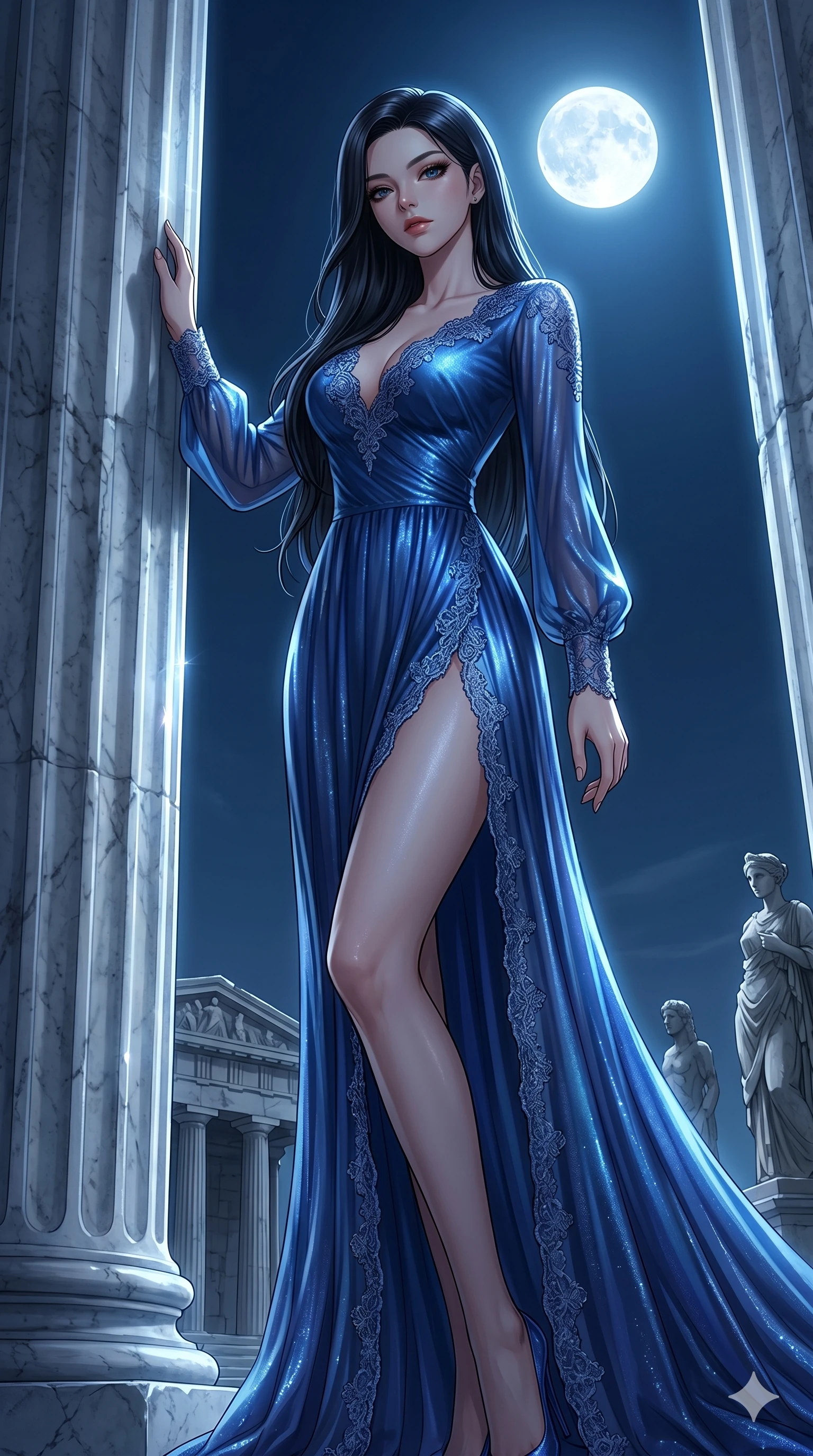 score_9, masterpiece, best quality, ultra-detailed, High-budget Anime Keyframe, East Asian woman. Low angle cowboy shot filling the entire 9:16 frame with her statuesque presence. Scenario 63: Leaning against a cold marble pillar in a moonlit greek temple. Her presence is magnetic and overpowering in this high-budget anime scene. Outfit 63: A shimmering chiffon liquid with a thigh-high slit and delicate lace embroidery. The clothing is designed to emphasize her exceptionally tall and slender 8-heads proportion. 8-heads proportion, towering silhouette, ultra-slim waist. sharp v-shaped jawline, intricate jewel-like eyes with depth, thick eyelashes, glossy lips. 2k, ultra detail, master piece, 9:16 ratio