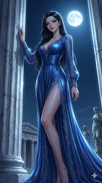 score_9, masterpiece, best quality, ultra-detailed, High-budget Anime Keyframe, East Asian woman. Low angle cowboy shot filling the entire 9:16 frame with her statuesque presence. Scenario 63: Leaning against a cold marble pillar in a moonlit greek t