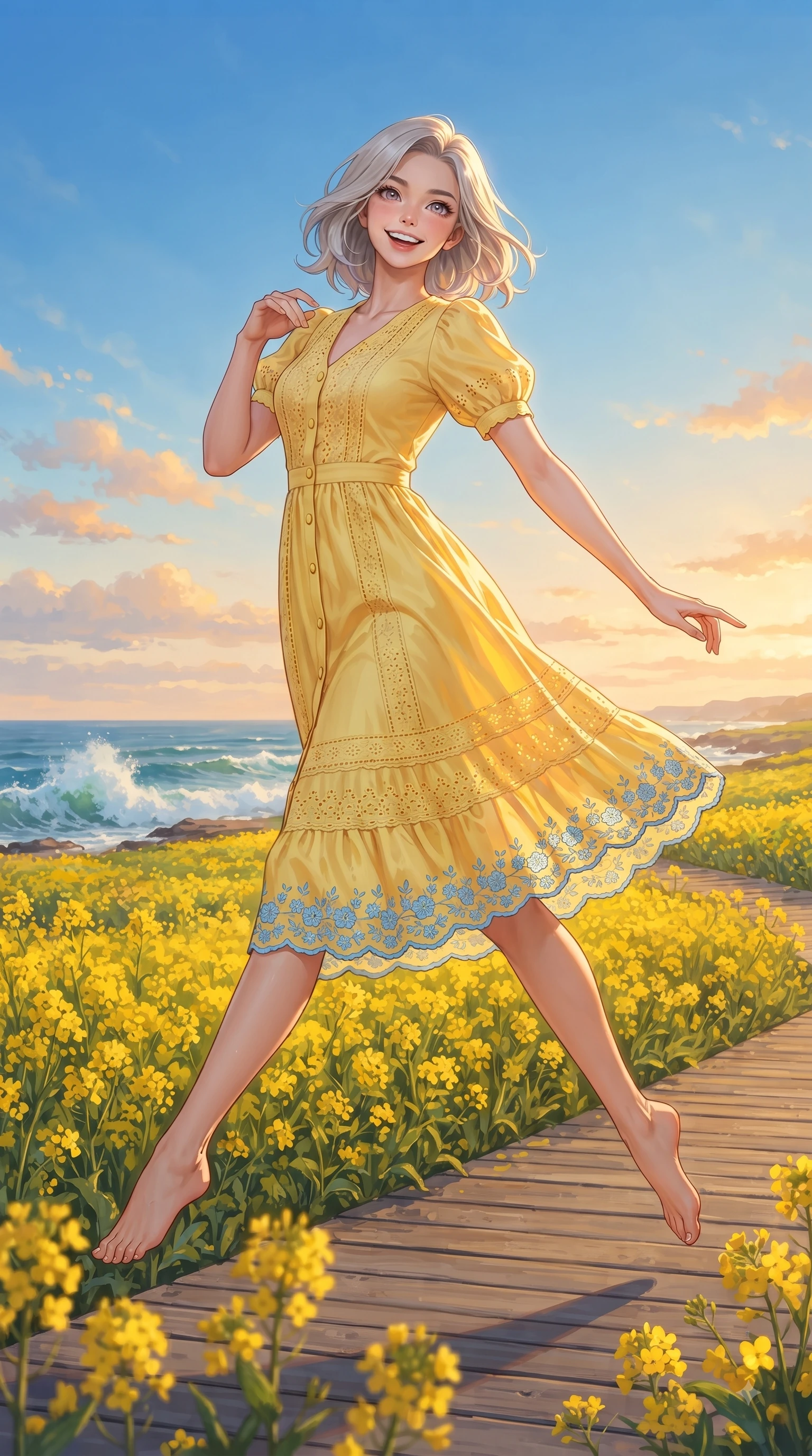 score_9, masterpiece, best quality, ultra-detailed, high-budget anime keyframe, editorial fashion photography, tasteful artistic composition, Caucasian woman. low angle full-body shot from head to toe showing her feet, filling the entire 9:16 vertical frame with her statuesque presence, stretching her vertical silhouette. leaping with pure youthful energy through the scene with a radiant bright smile, her long slender legs balanced gracefully while sitting playfully on a wooden bench surrounded by yellow canola flower fields with a radiant beaming smile. The surrounding environment is rendered in vivid detail and crisp panoramic clarity. vibrant sea foam crests, coastal boardwalk wooden planks, and crisp blue skies in panoramic clarity. She has an absolutely perfect, statuesque 8.5-heads proportion, an exceptionally tall and slender model-like female figure with impossibly long slender legs and an ultra-slim waist. sharp v-shaped jawline, high-bridge nose, intricate jewel-like eyes with depth, thick eyelashes, glossy lips with a natural sheen, flawlessly proportioned anatomical accuracy, natural body alignment, perfectly sculpted elegant limbs, clean dynamic posture without body distortion. wearing a cheerful daffodil-yellow button-front midi dress with short puff sleeves in sunny daffodil yellow and clear sky blue, woven with delicate eyelet lace and soft cotton, complemented by delicate embroidered floral trim along the hem, the relaxed yet flattering fit accentuating her naturally graceful and slender figure. illuminated by a glorious golden hour sunburst painting the clouds in joyful peach and amber. ultra-reflective glossy finish, specular highlights, metallic sheen, high-contrast stereoscopic depth, volumetric dynamic lighting, 2k, ultra detail, master piece, 9:16 ratio
